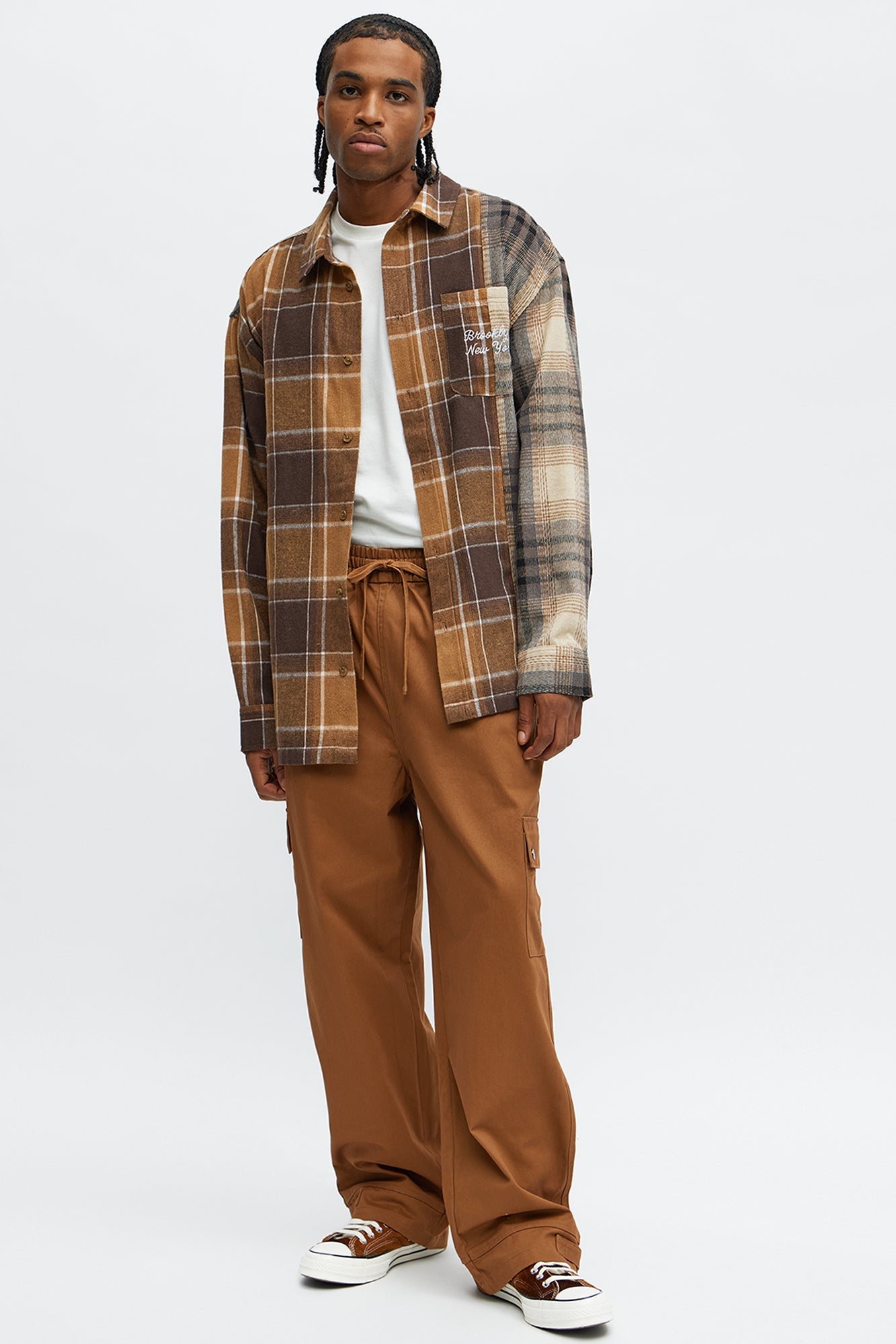 Patchwork Flannel Button Up Shirt - Brown Combo