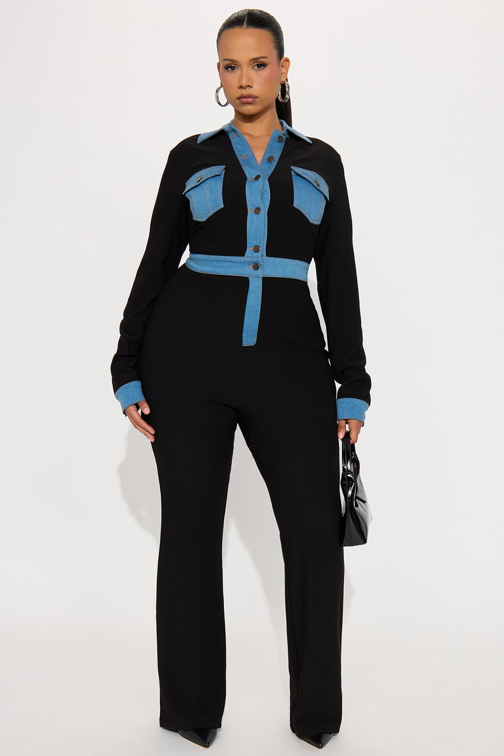 Over You Ribbed Long Sleeve Jumpsuit - Black/Blue