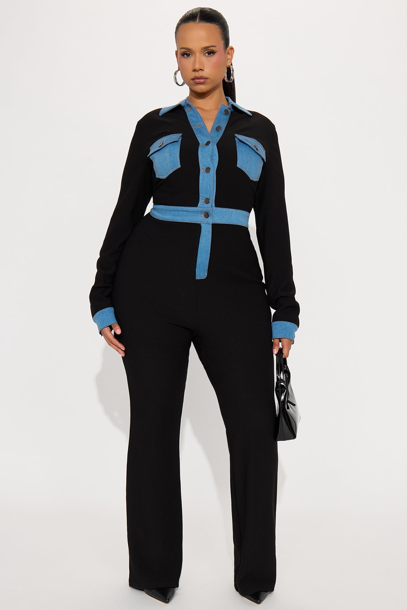 Over You Ribbed Long Sleeve Jumpsuit - Black/Blue