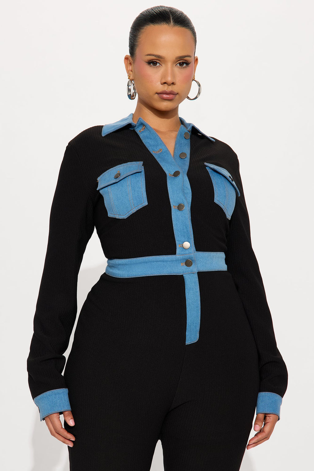 Over You Ribbed Long Sleeve Jumpsuit - Black/Blue