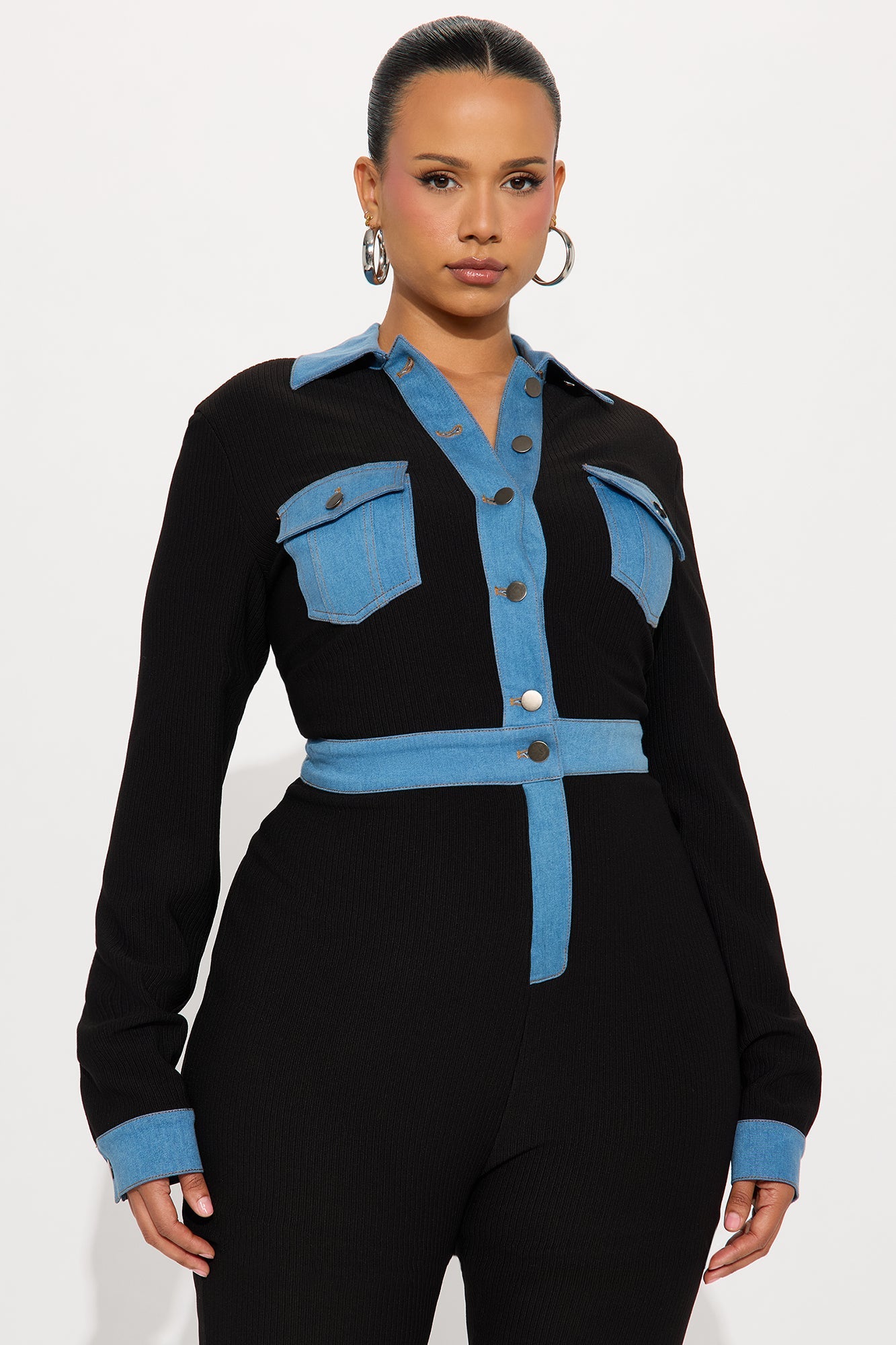 Over You Ribbed Long Sleeve Jumpsuit - Black/Blue