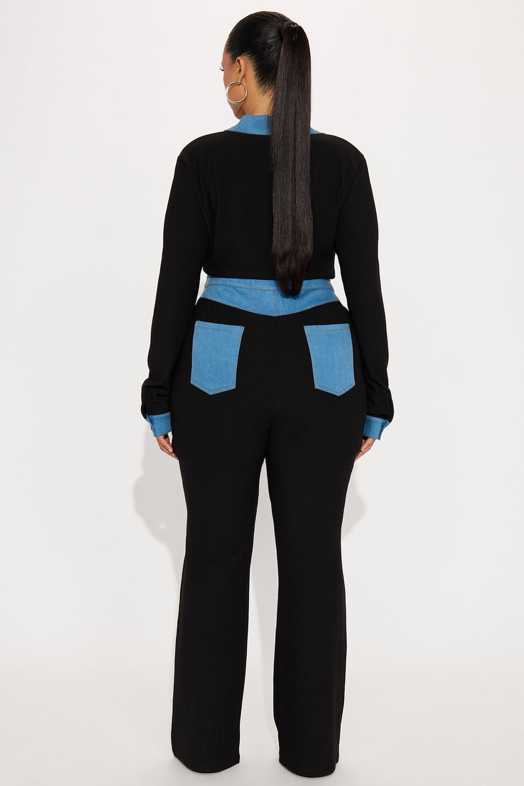 Over You Ribbed Long Sleeve Jumpsuit - Black/Blue