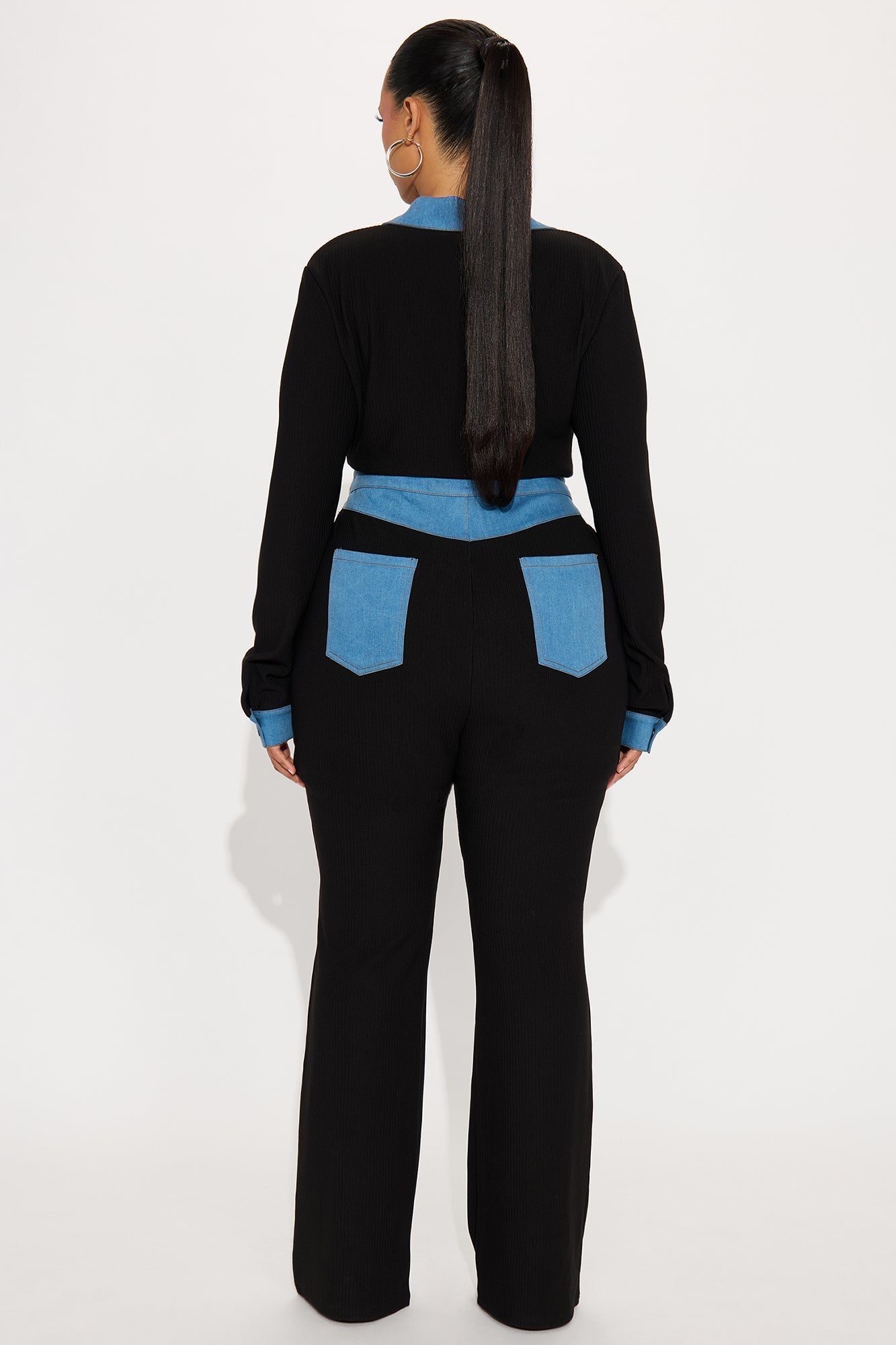 Over You Ribbed Long Sleeve Jumpsuit - Black/Blue