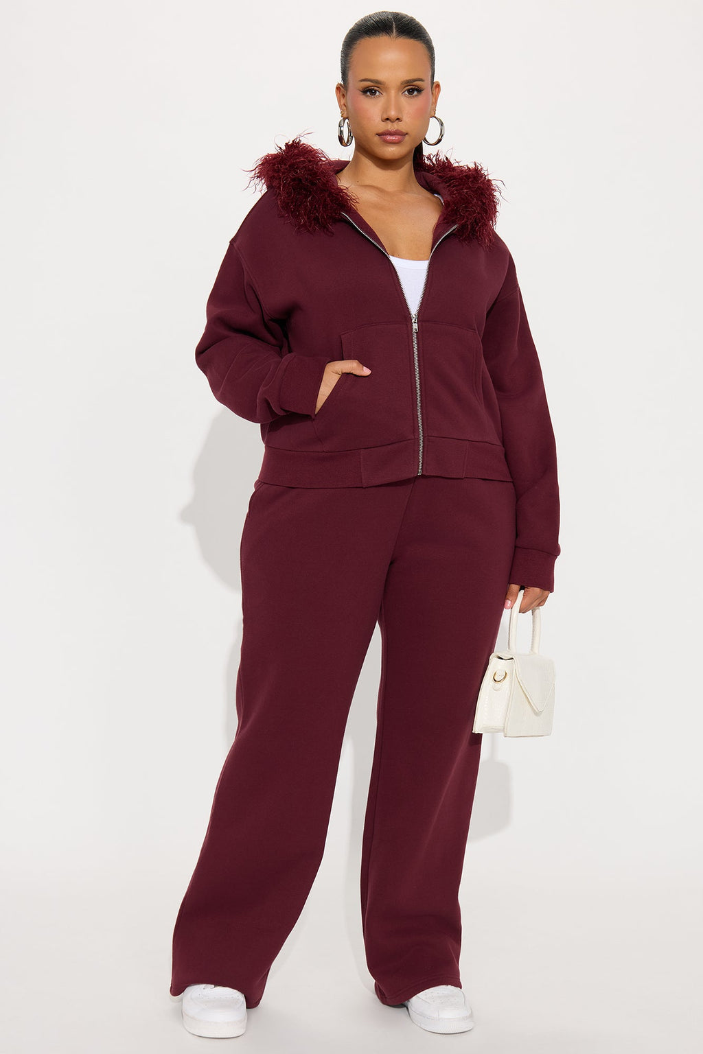 Keep Me Warm Faux Fur Trim Hoodie Set - Burgundy