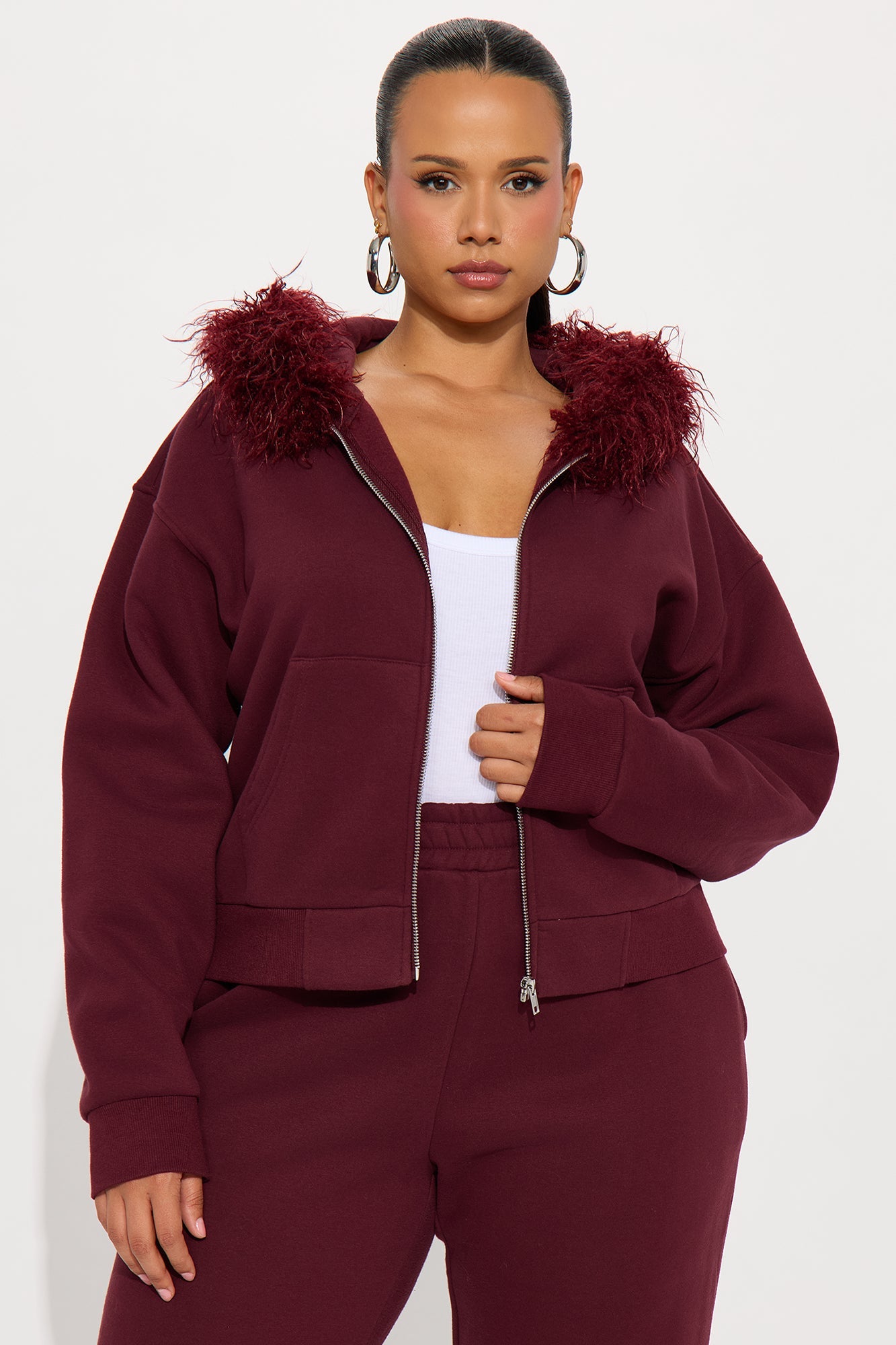 Keep Me Warm Faux Fur Trim Hoodie Set - Burgundy