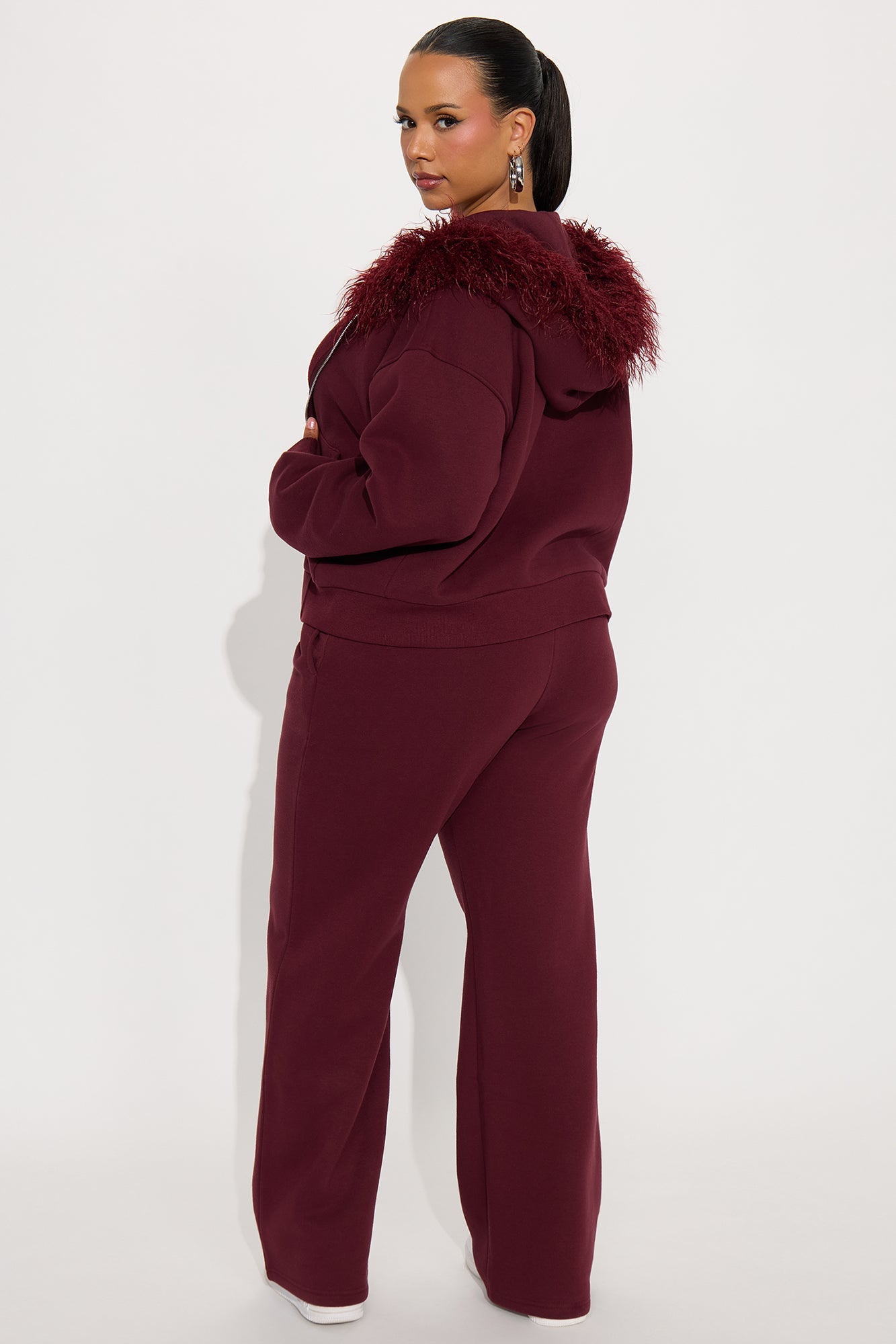 Keep Me Warm Faux Fur Trim Hoodie Set - Burgundy