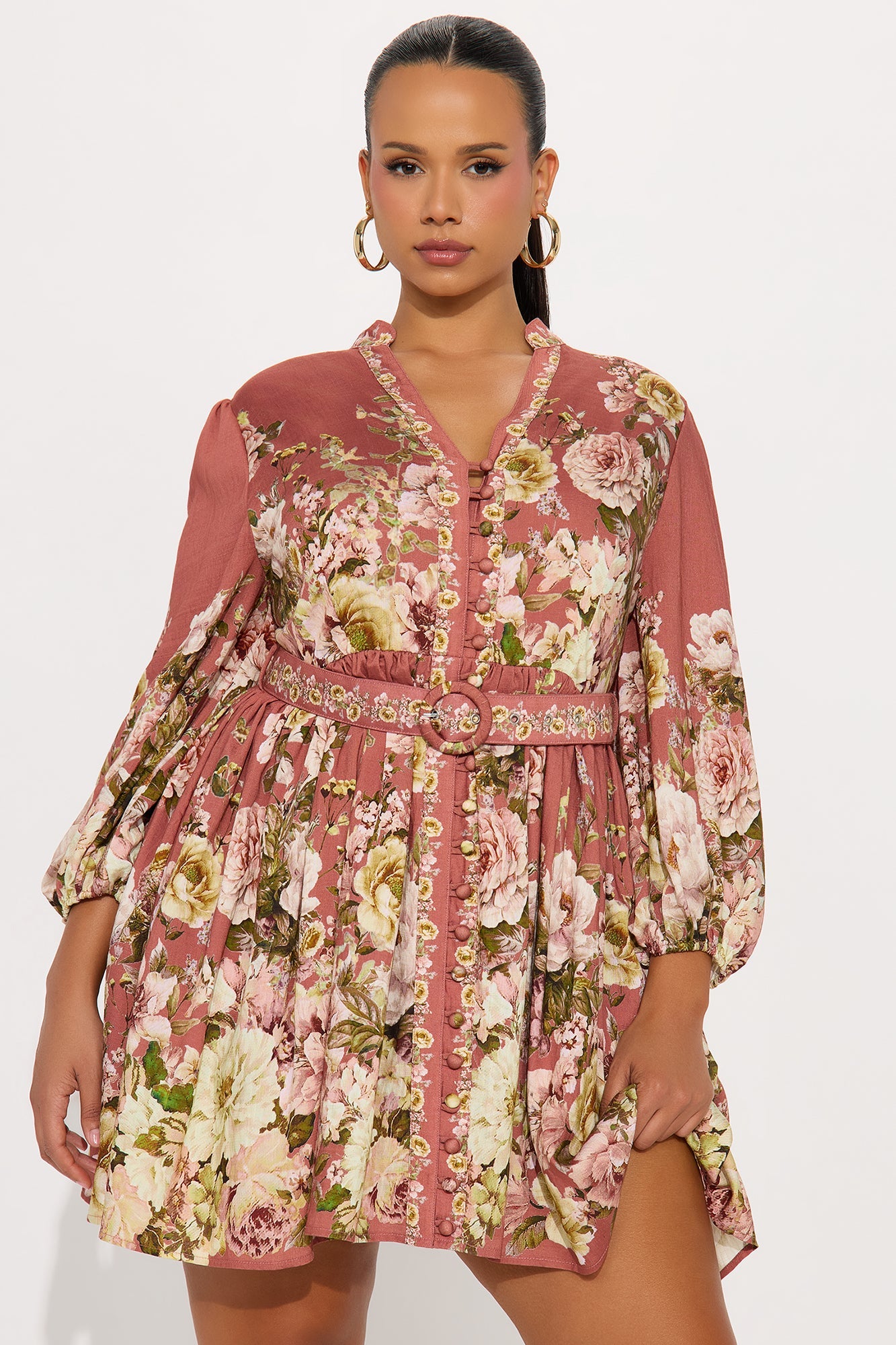 Mari Belted Floral Mini Dress - Rose