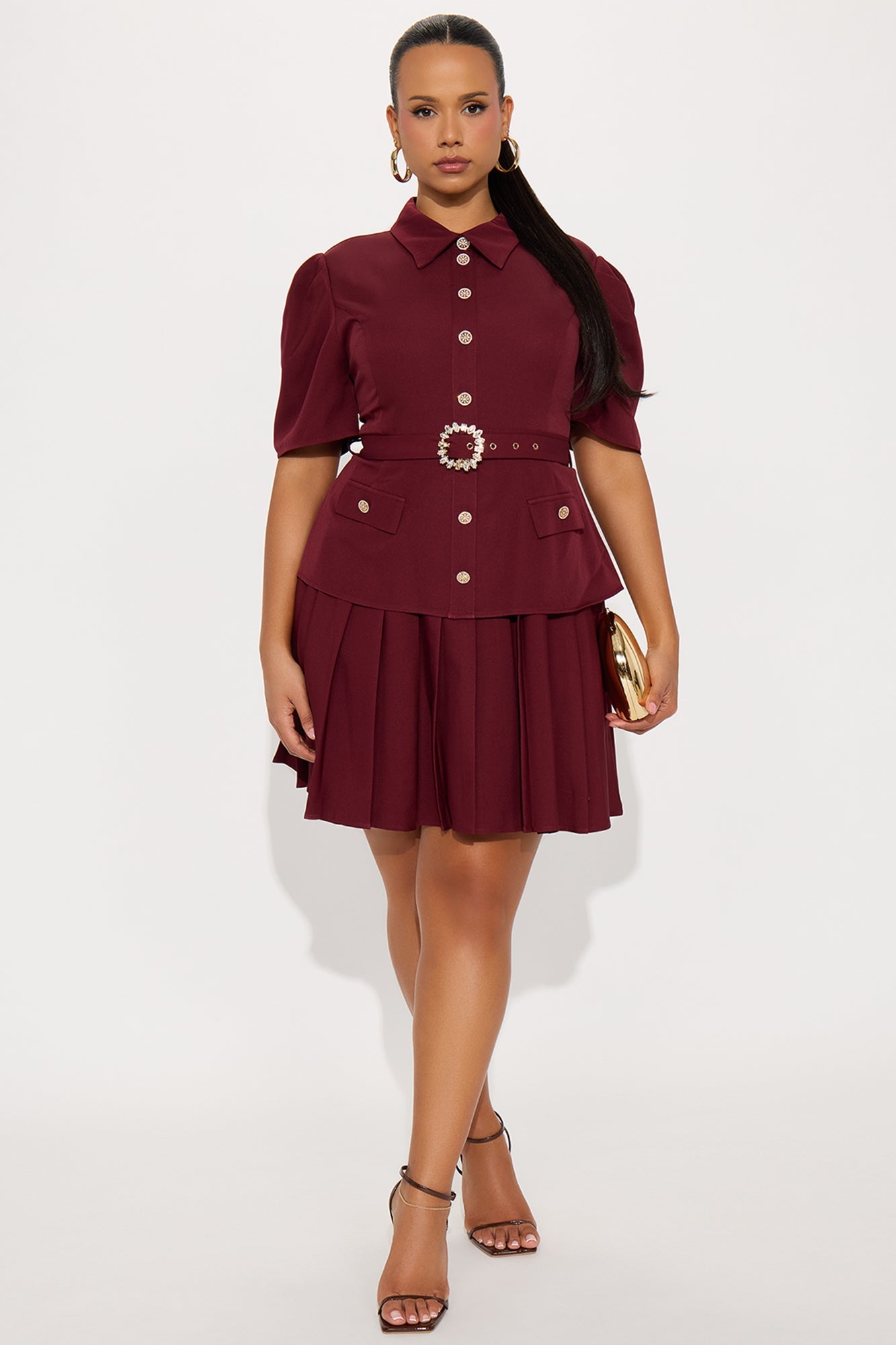 Nadia Belted Pleated Mini Dress - Wine