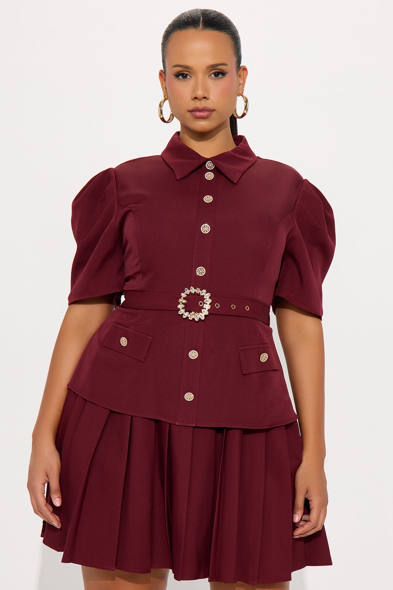 Nadia Belted Pleated Mini Dress - Wine