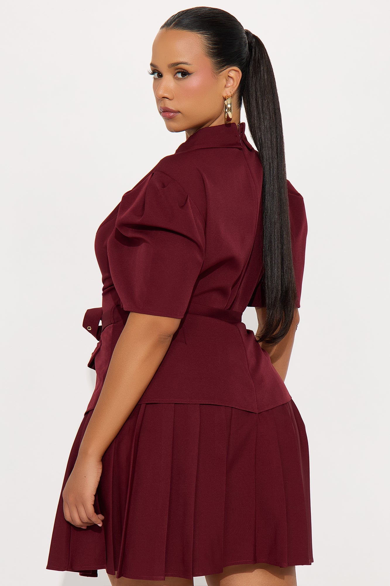 Nadia Belted Pleated Mini Dress - Wine
