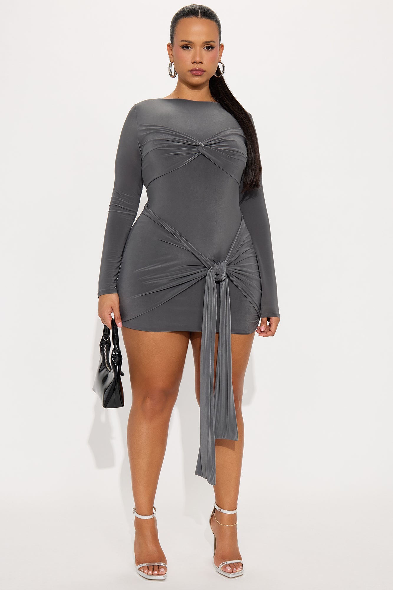 Destiny Draped Long Sleeve Micro Mini Dress - Grey