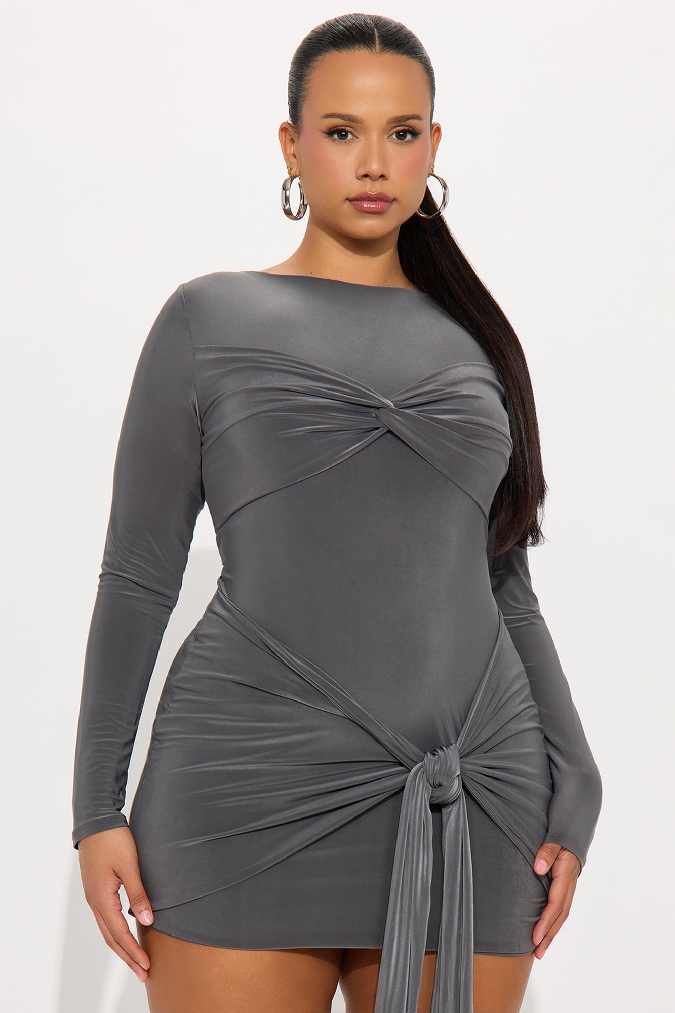 Destiny Draped Long Sleeve Micro Mini Dress - Grey