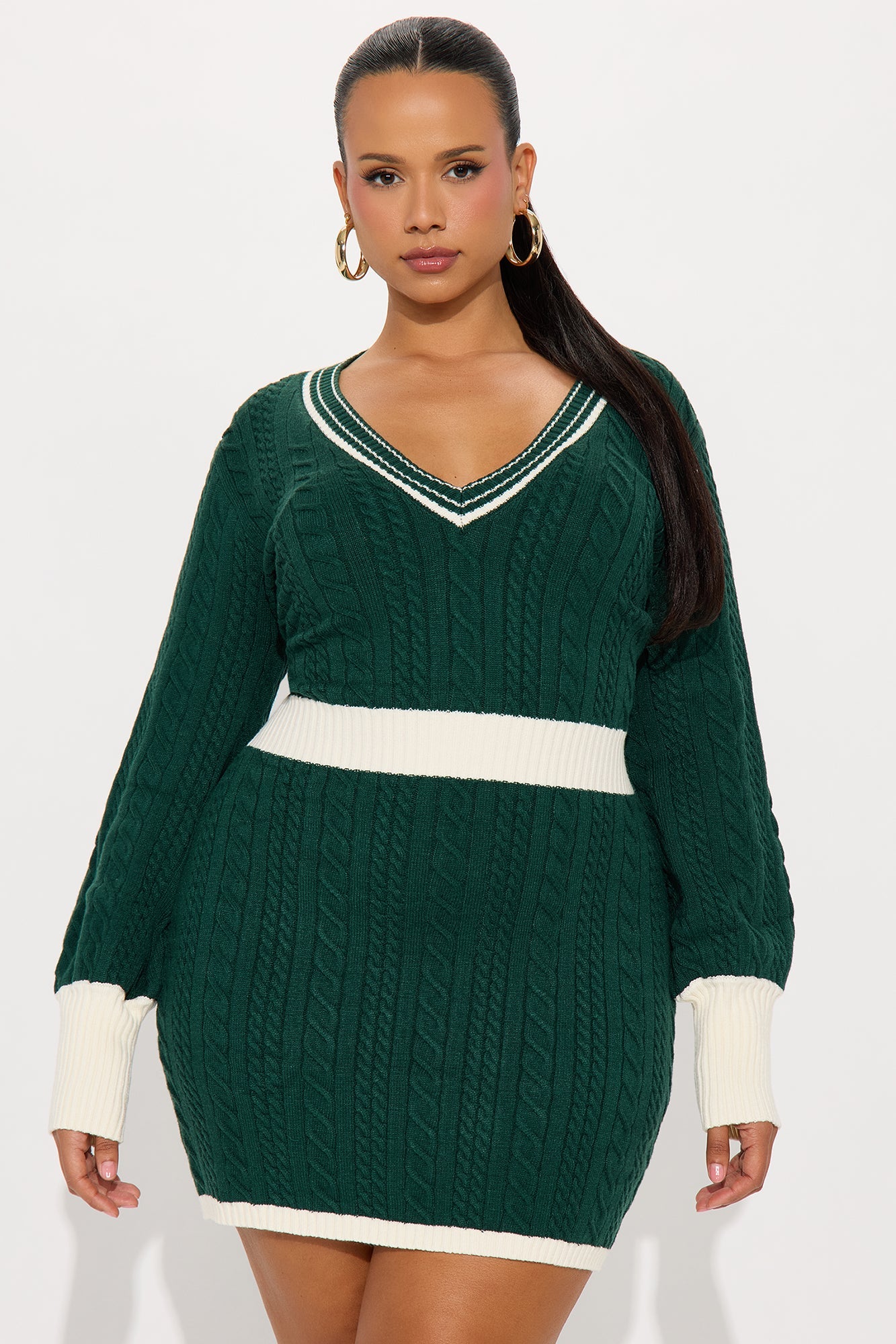 Clean and Cute Cable Knit Mini Dress - Green/combo