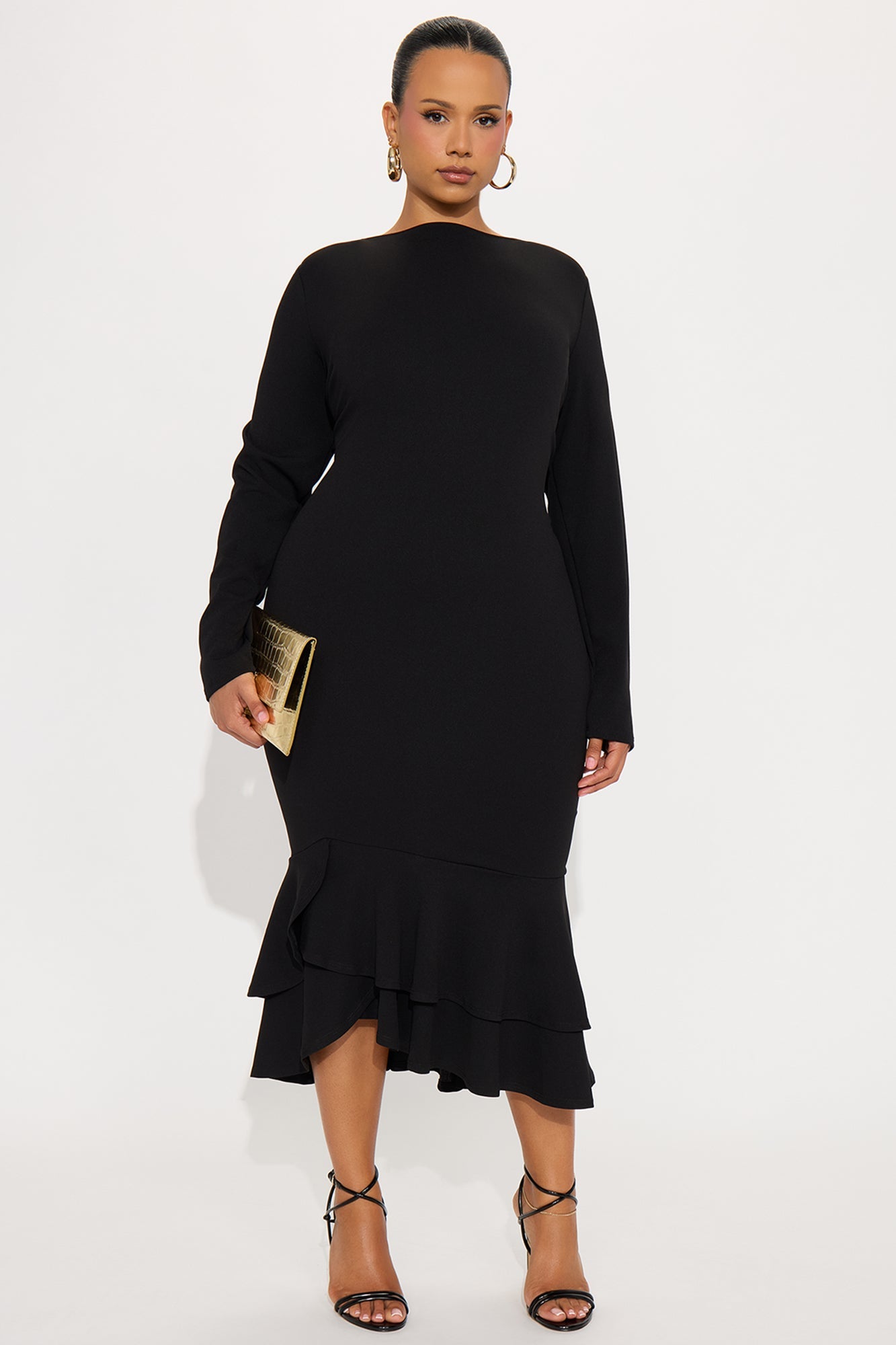 Bianca Long Sleeve Peplum Midi Dress - Black