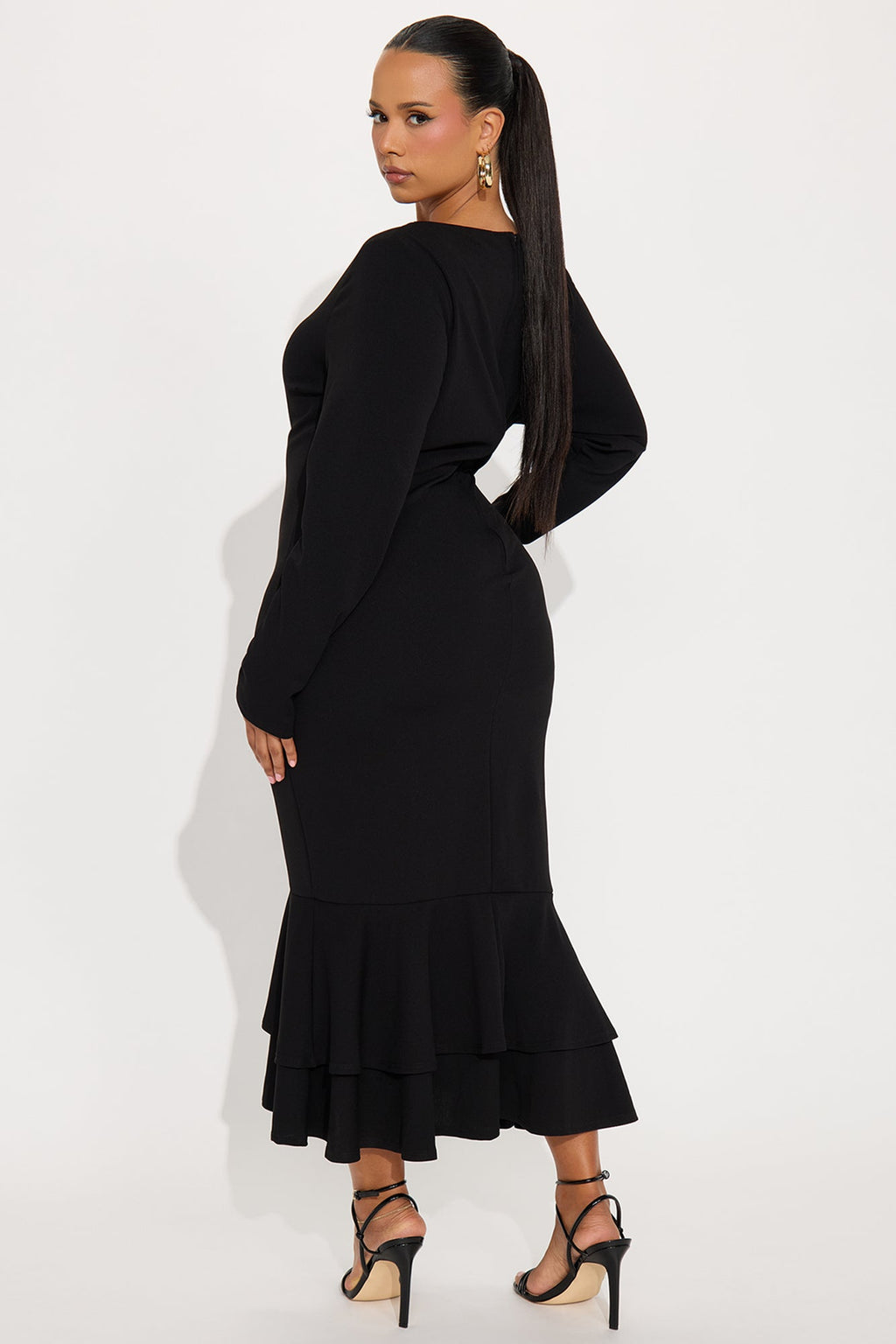 Bianca Long Sleeve Peplum Midi Dress - Black