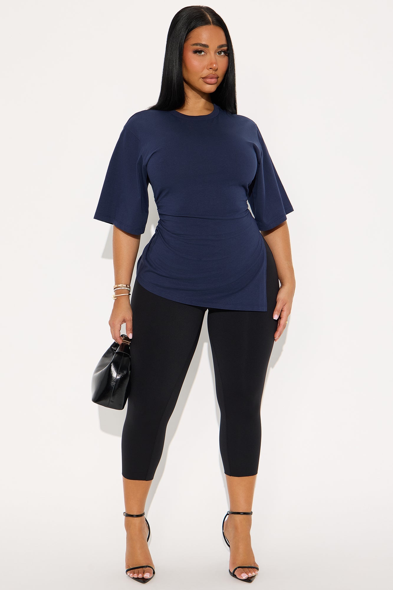 Winfred Short Sleeve Ruched Tshirt - Navy
