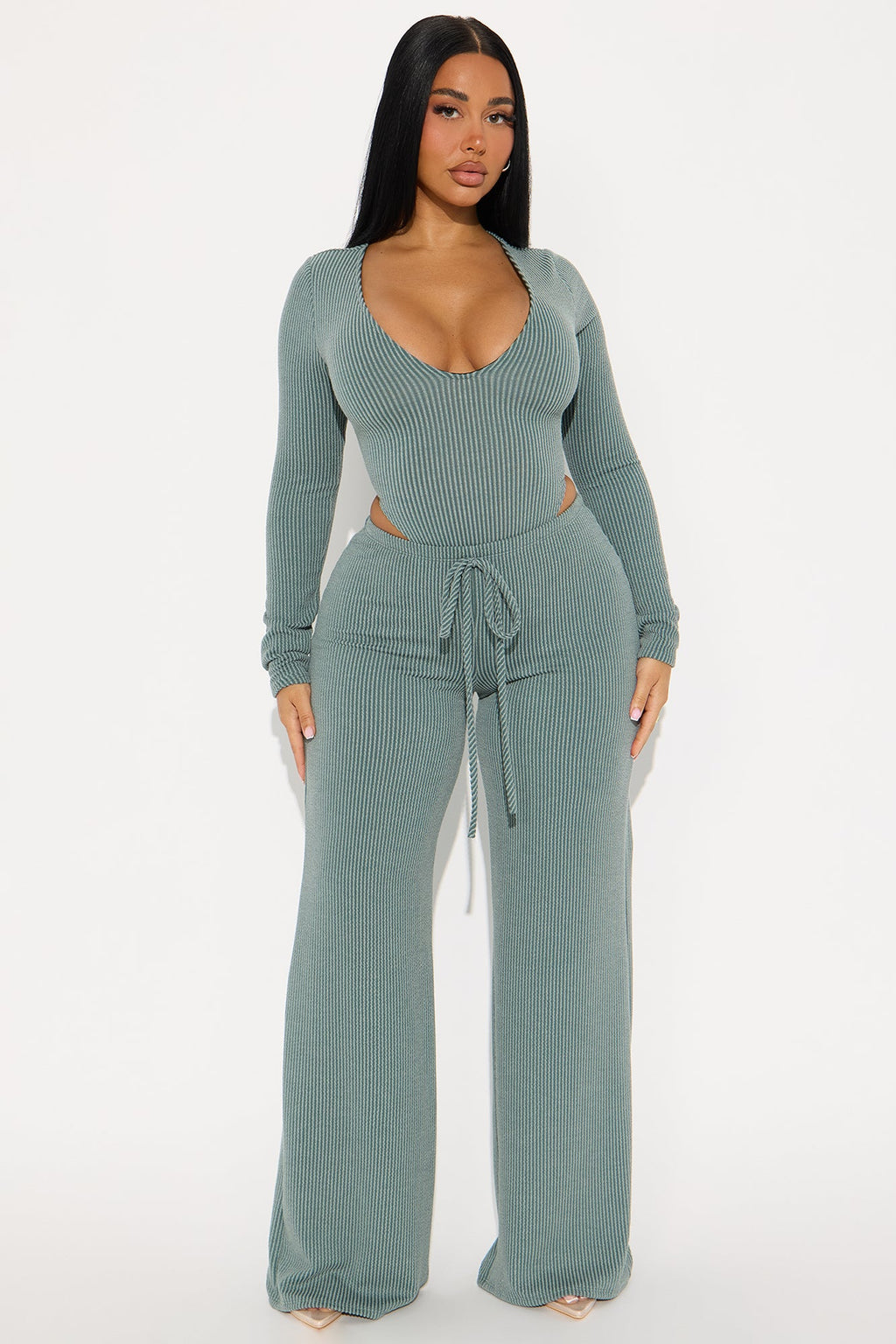 Paulette Long Sleeve Ribbed Bodysuit Pant Set - Sage