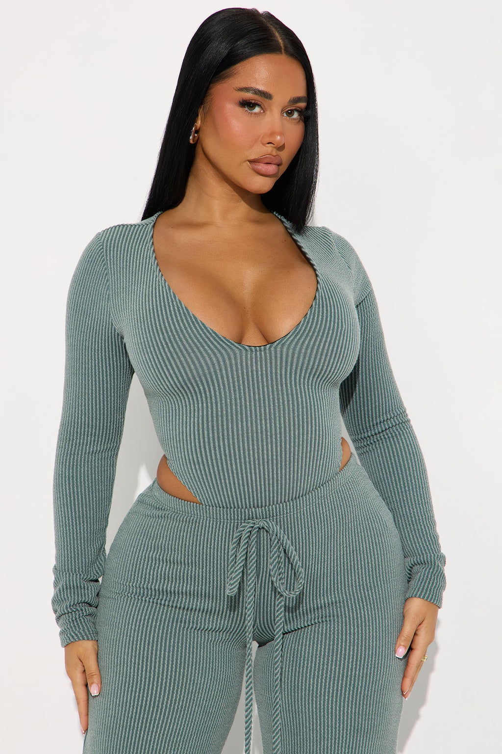 Paulette Long Sleeve Ribbed Bodysuit Pant Set - Sage