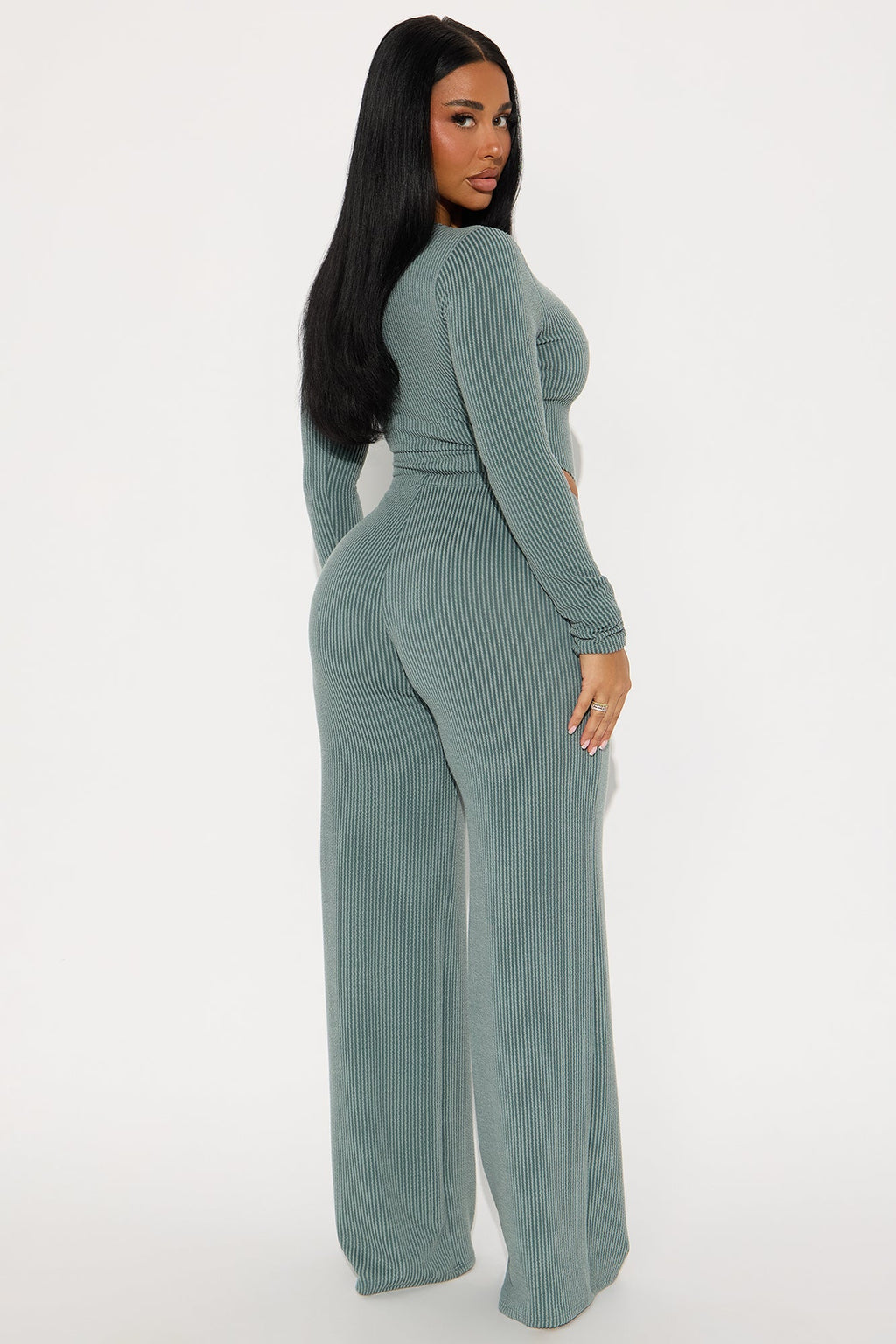 Paulette Long Sleeve Ribbed Bodysuit Pant Set - Sage
