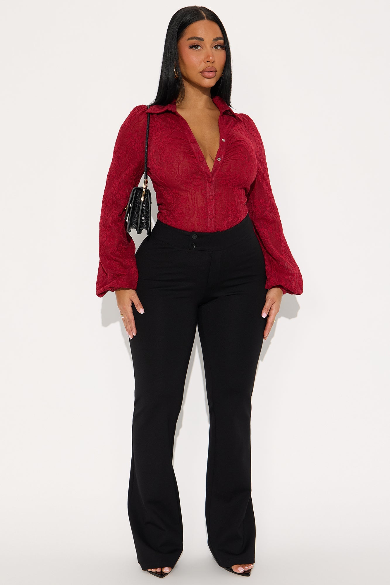 Verity Lace Long Sleeve Button Up Shirt - Burgundy