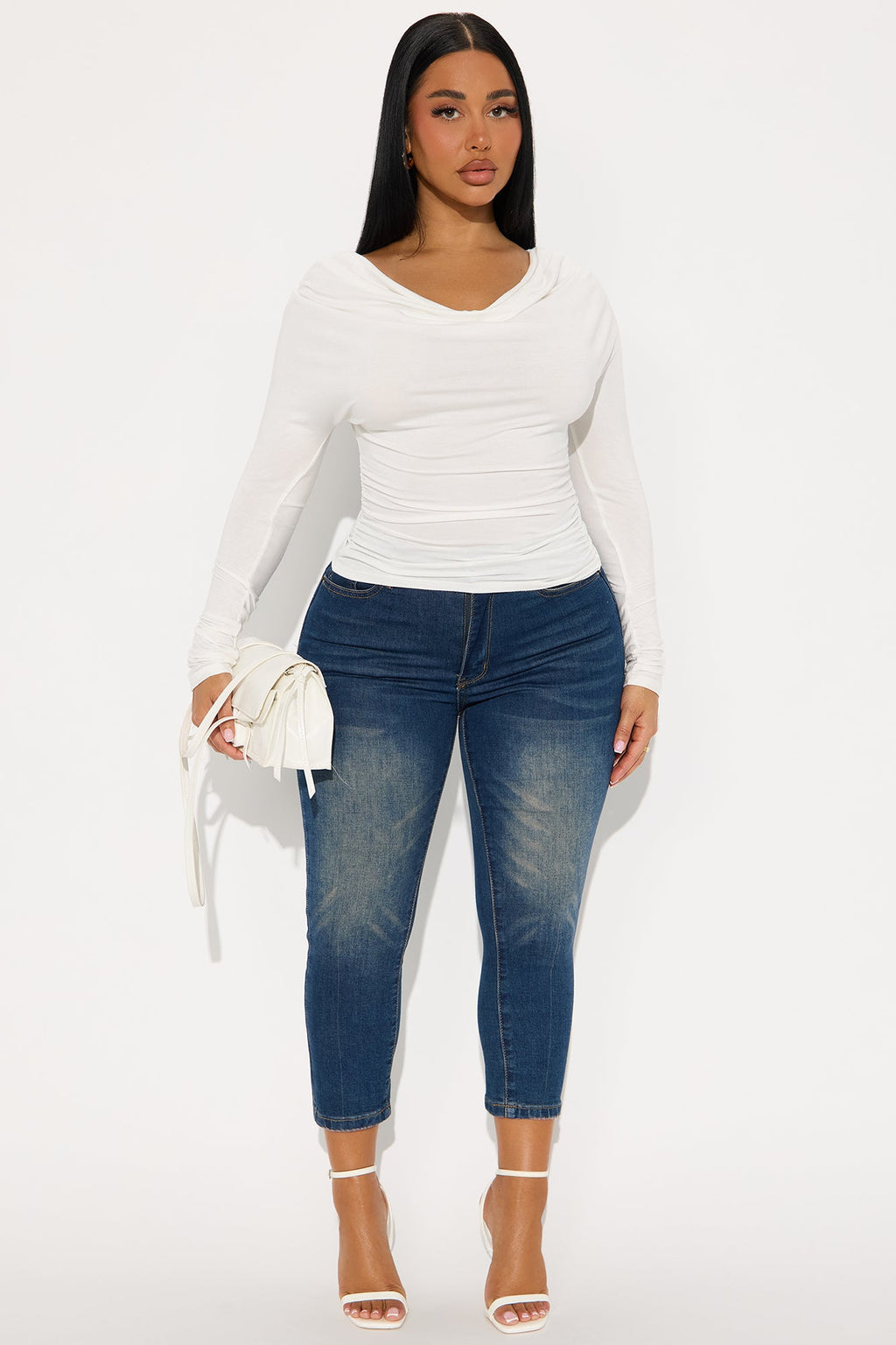 Yesenia Ruched Cowl Neck Top - White