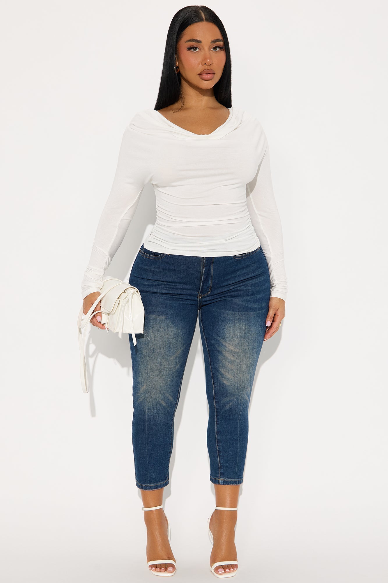 Yesenia Ruched Cowl Neck Top - White