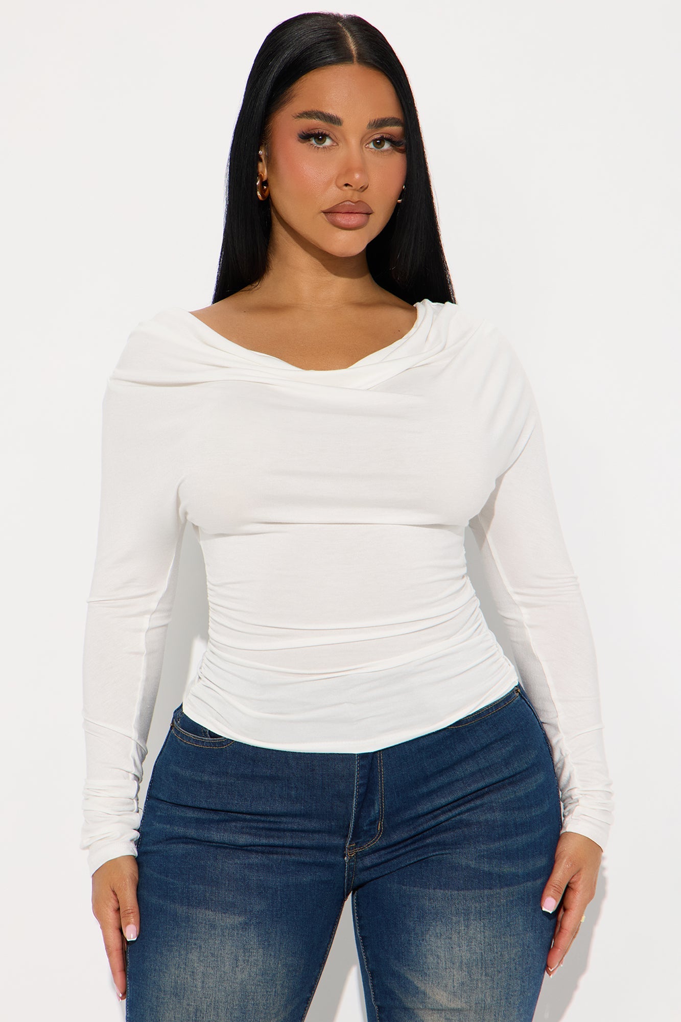 Yesenia Ruched Cowl Neck Top - White