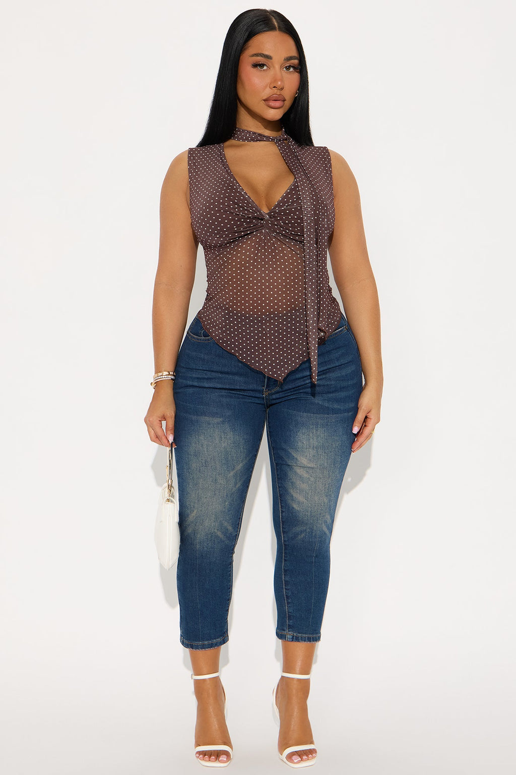 Octavia Twist Tie Neck Mesh Top - Brown/combo