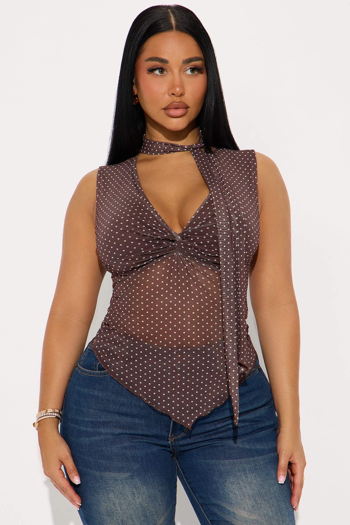 Octavia Twist Tie Neck Mesh Top - Brown/combo