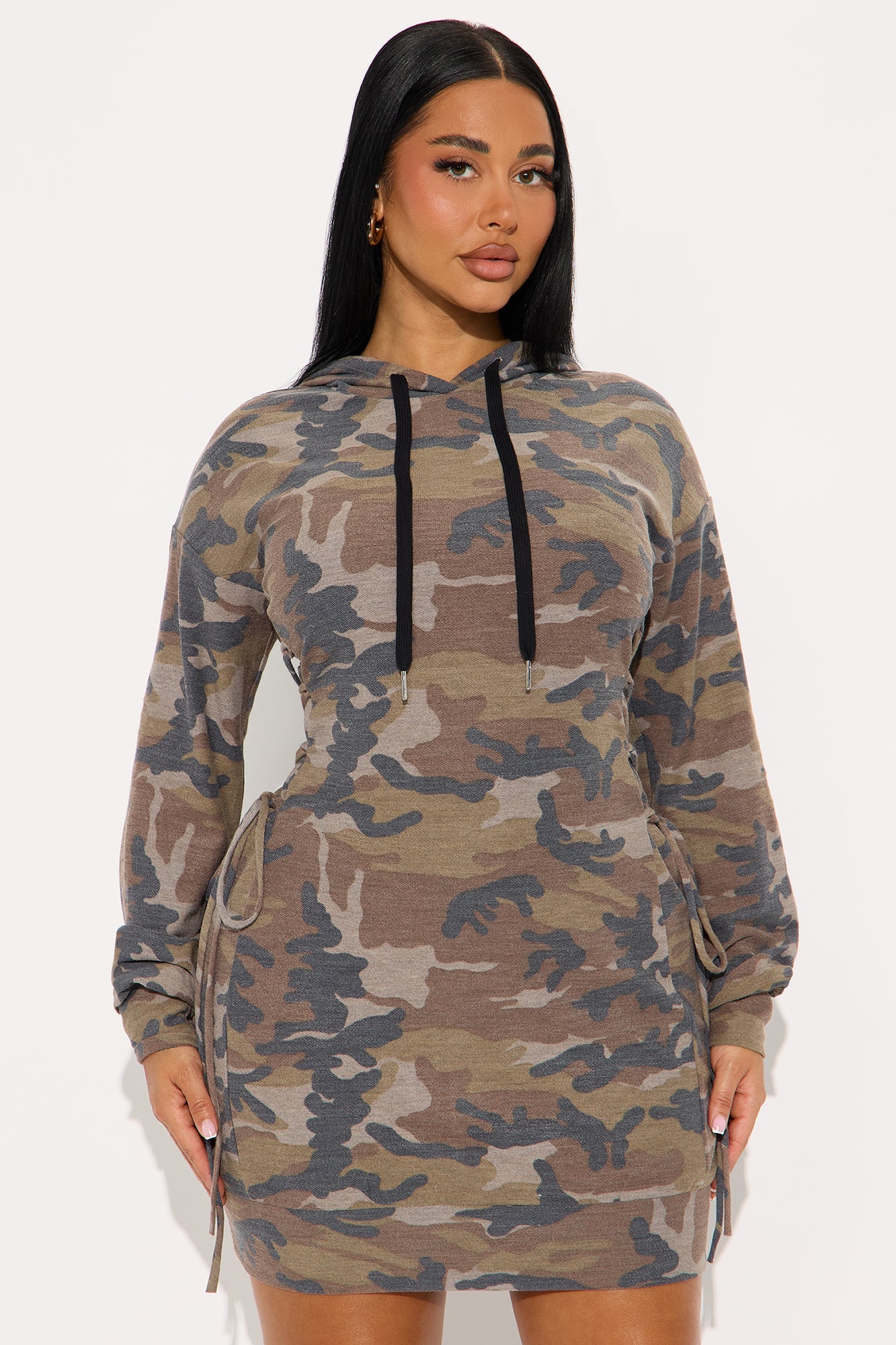 Can You See Me Lace Up Sweatshirt Mini Dress - Camouflage