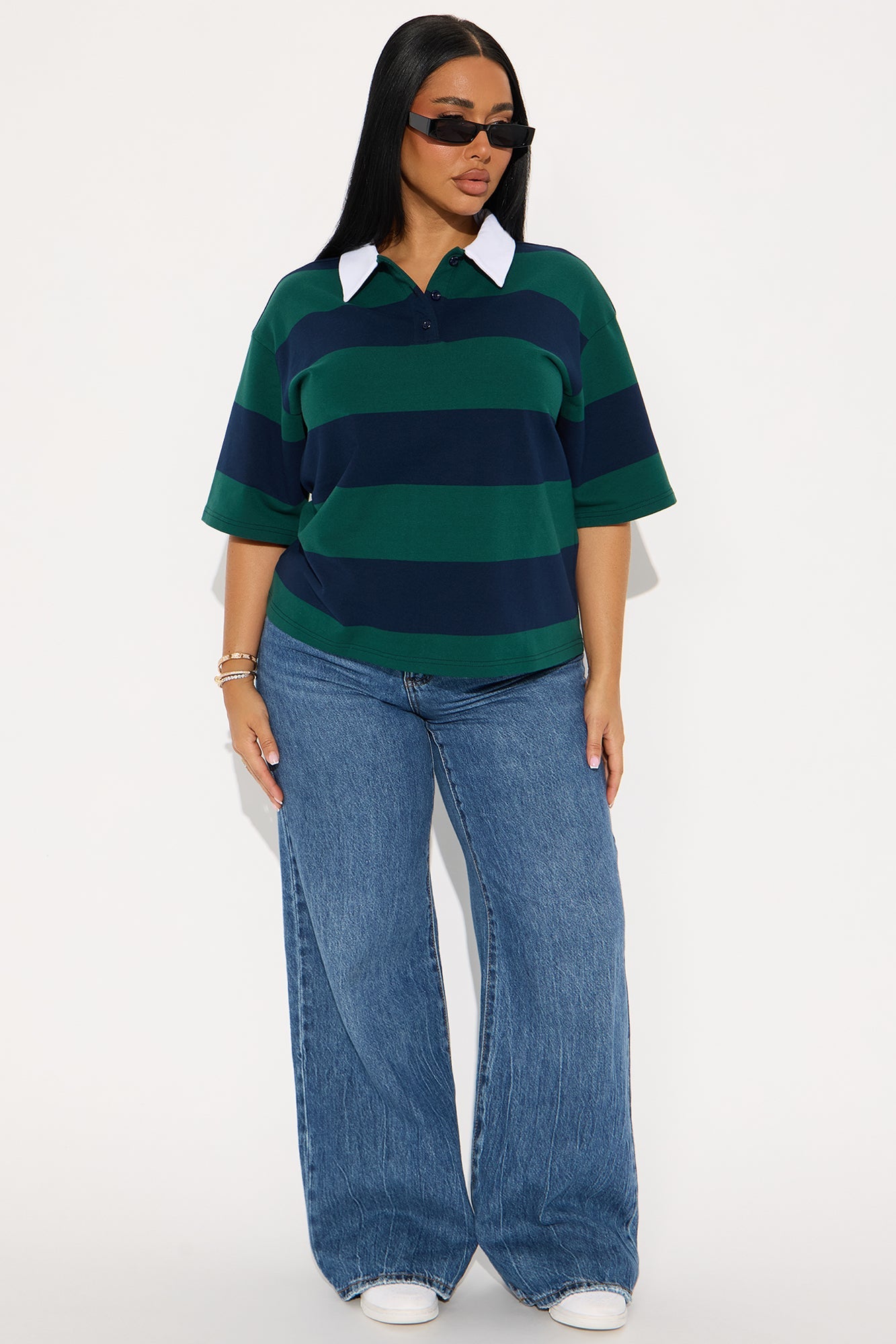Avery Striped Short Sleeve Polo Top - Green/combo