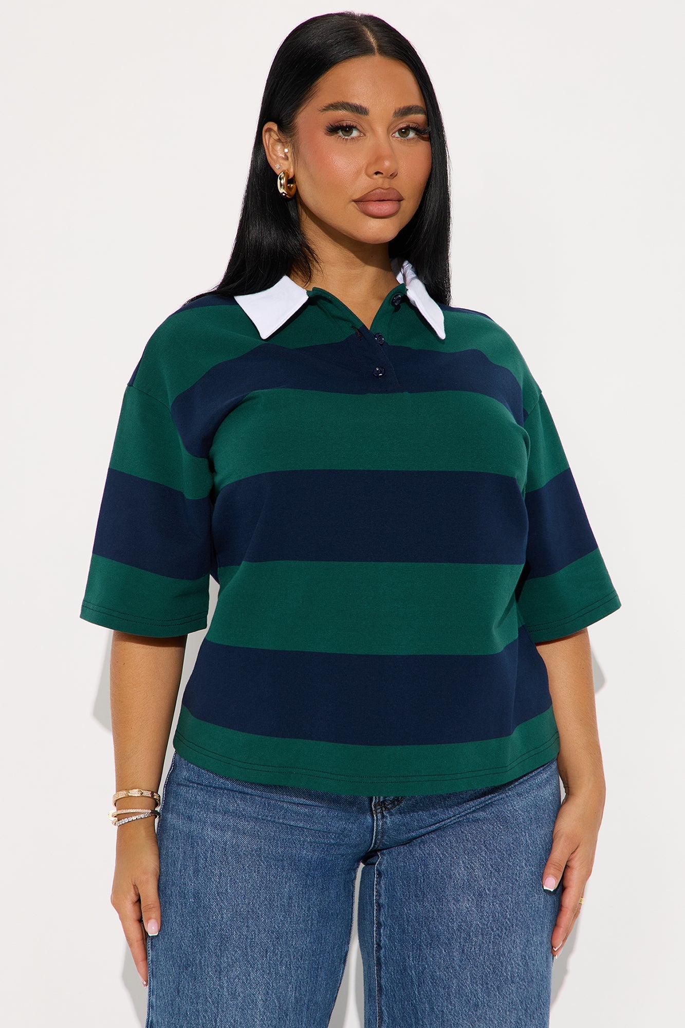 Avery Striped Short Sleeve Polo Top - Green/combo
