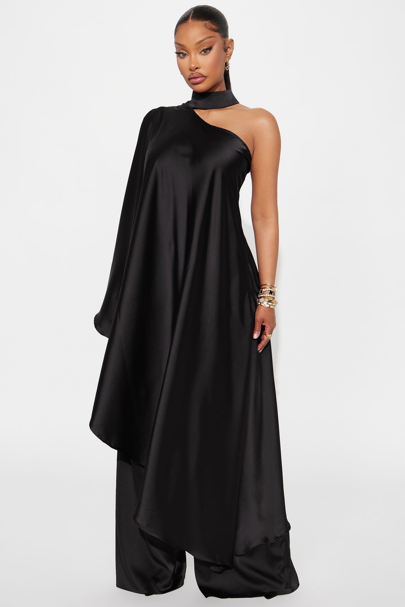 Solana Satin One Shoulder Draped Pant Set - Black