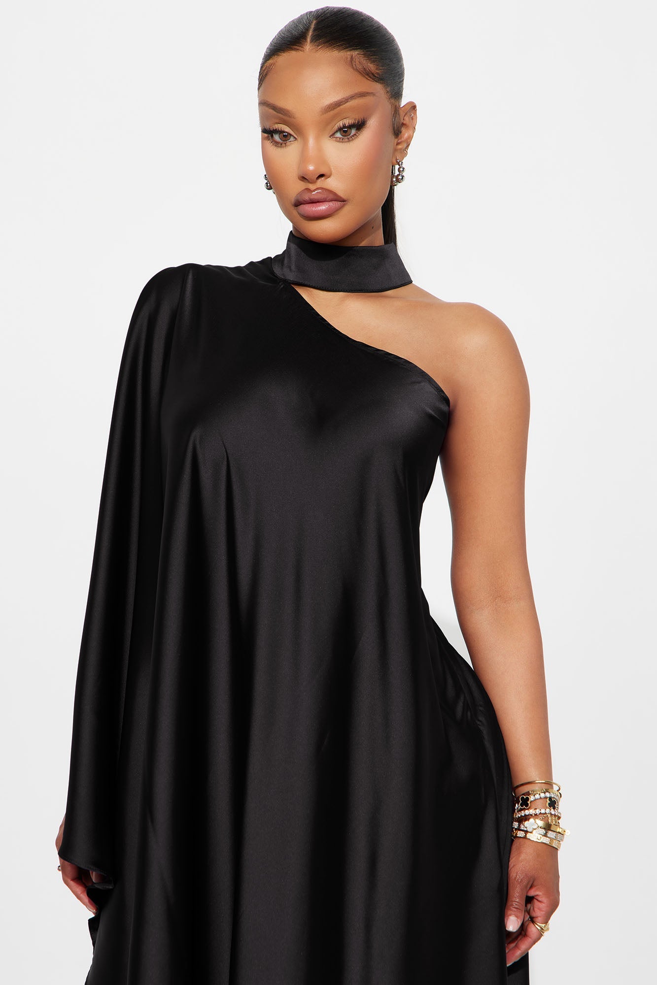 Solana Satin One Shoulder Draped Pant Set - Black