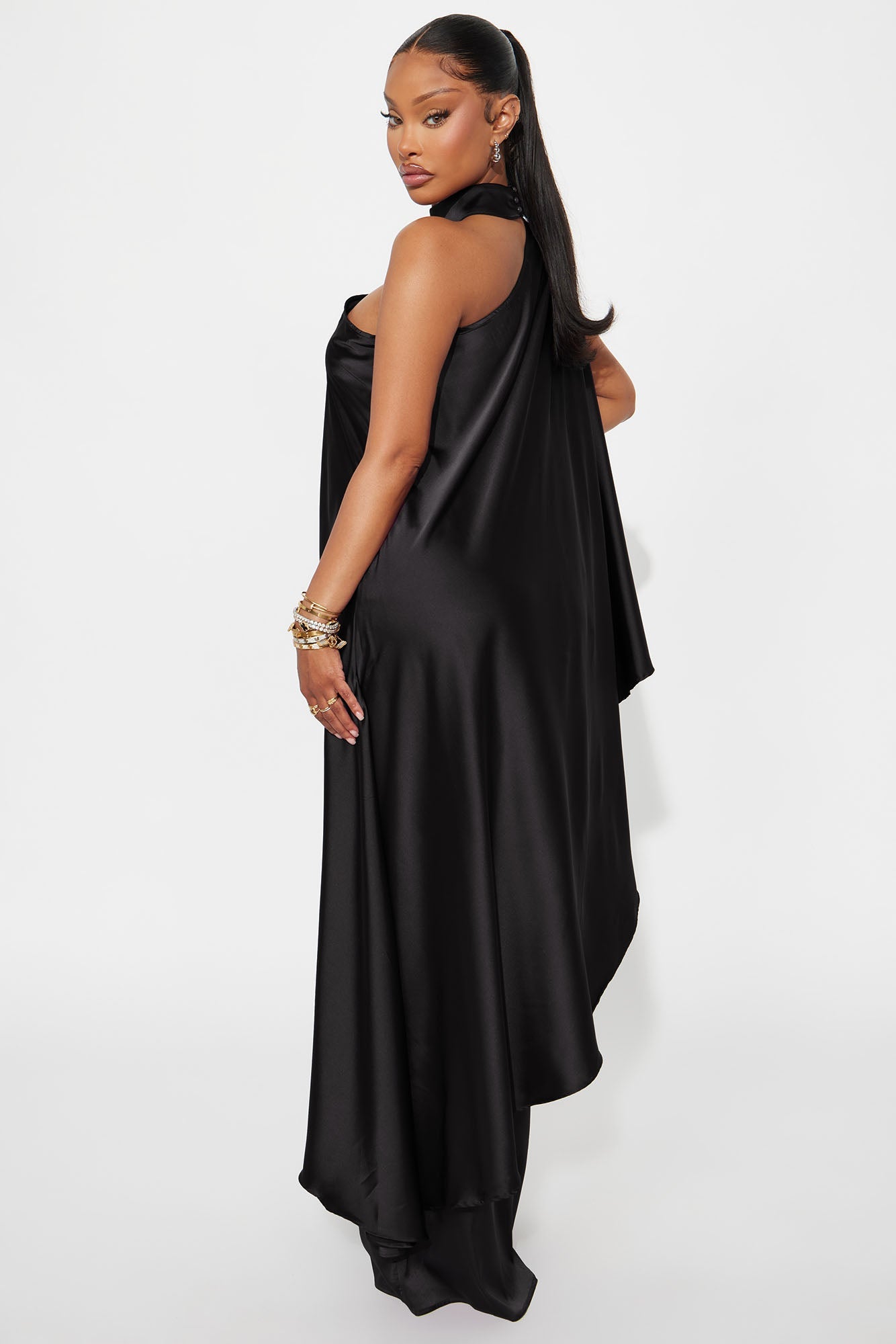 Solana Satin One Shoulder Draped Pant Set - Black