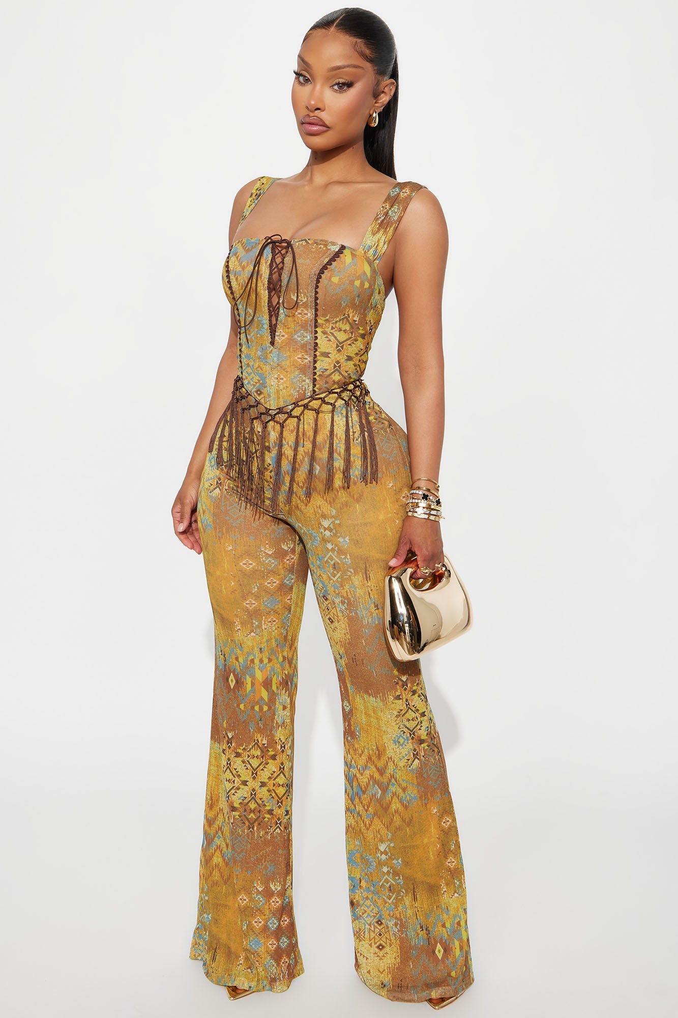 Mystic Aura Mesh Tribal Flare Leg Pant Set - Brown/combo