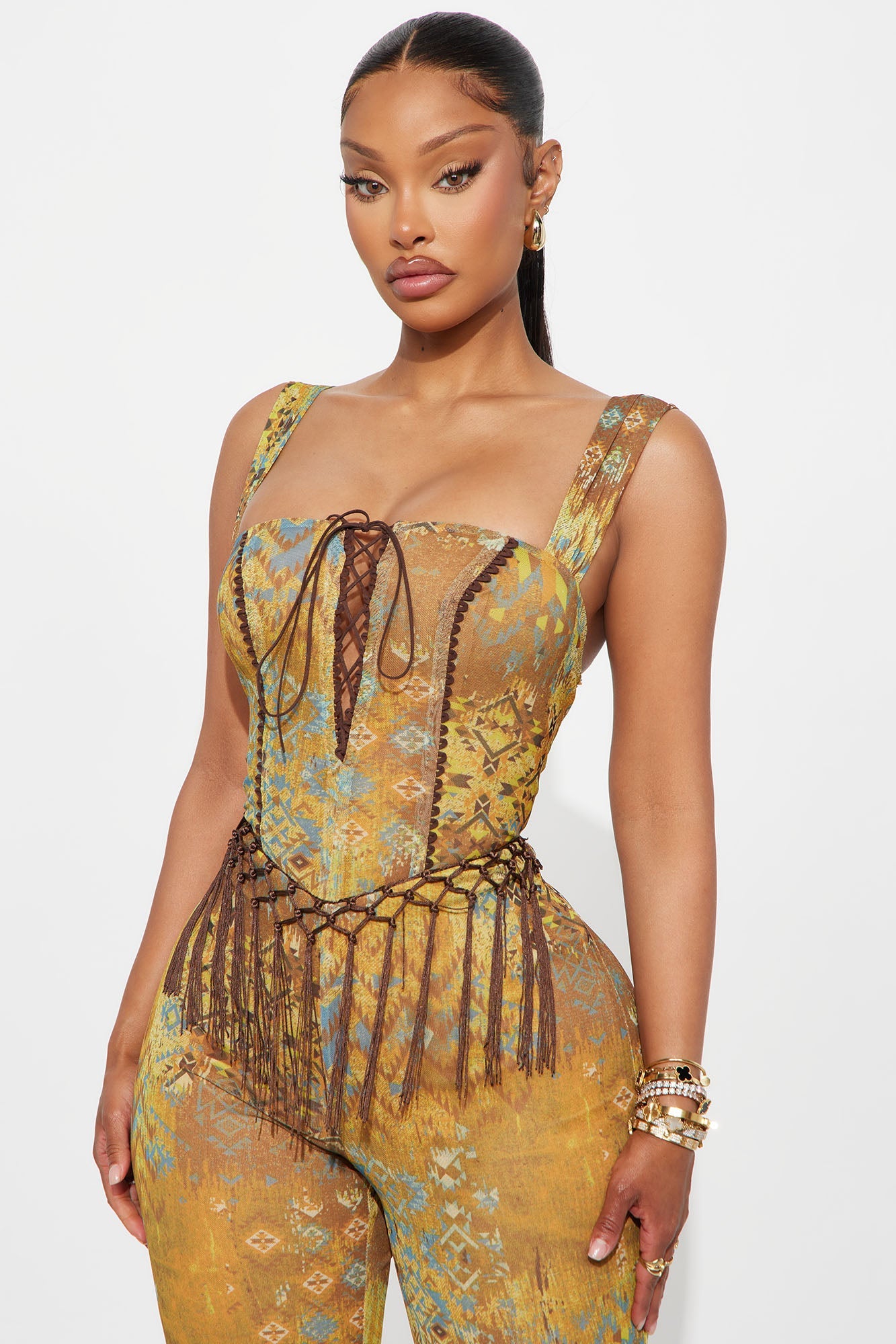 Mystic Aura Mesh Tribal Flare Leg Pant Set - Brown/combo