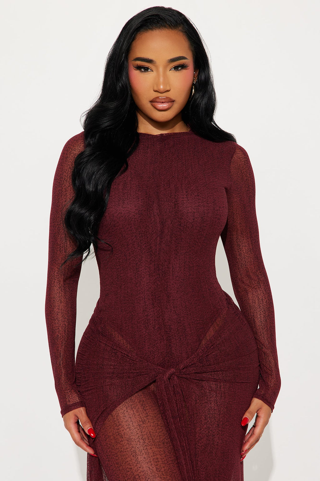 Traci Mesh Long Sleeve Jumpsuit - Burgundy