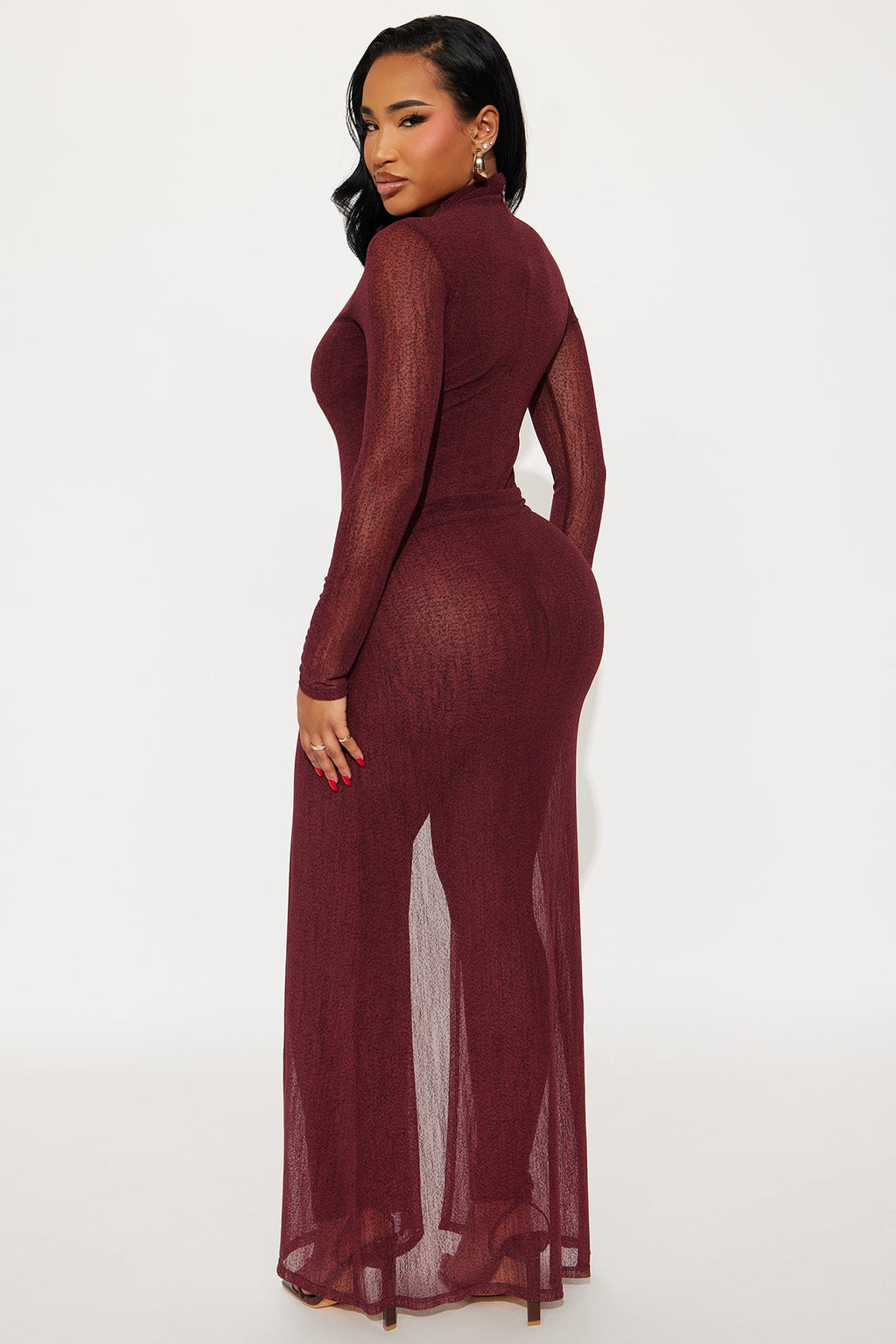 Traci Mesh Long Sleeve Jumpsuit - Burgundy