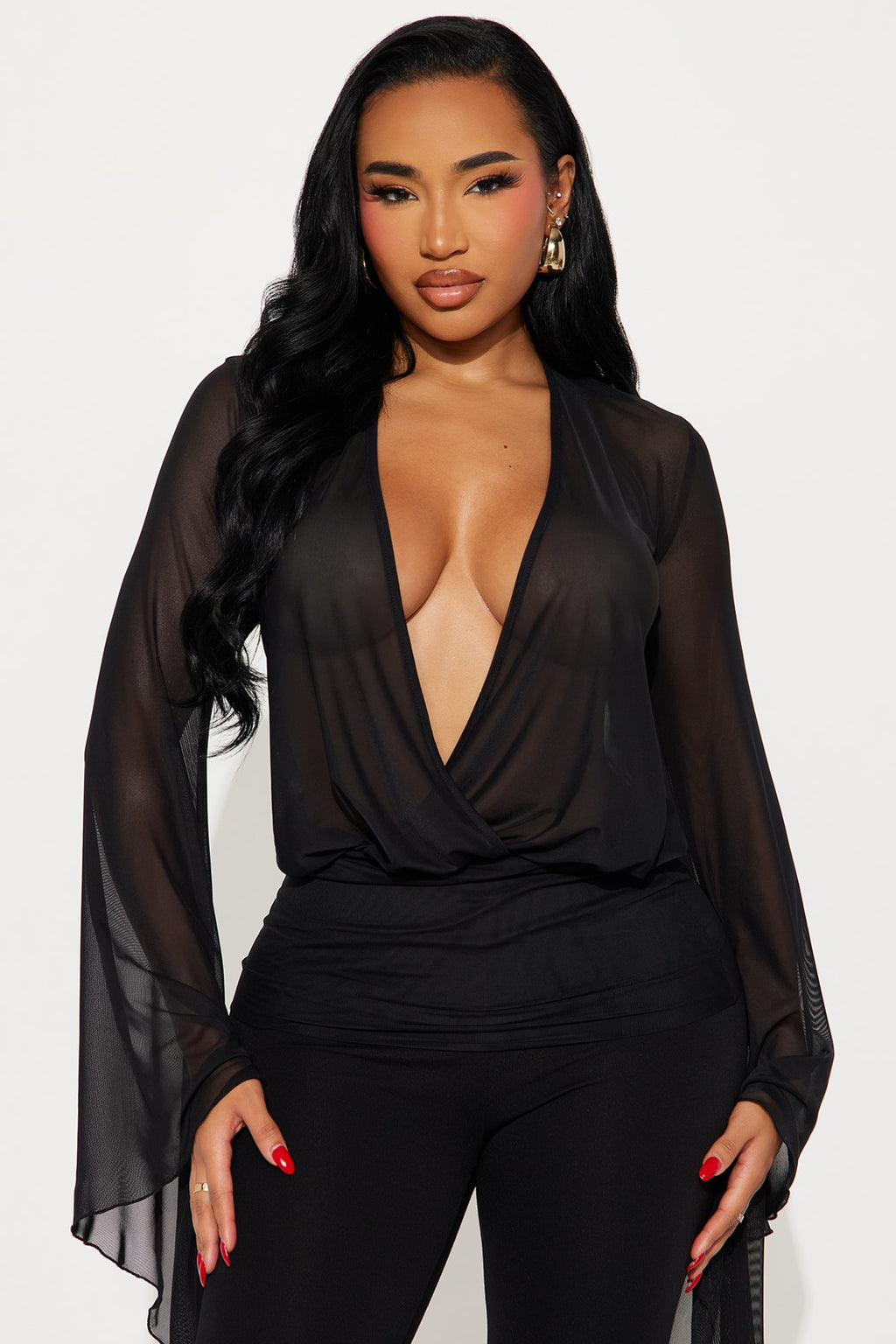 Darling Long Sleeve Mesh Top - Black