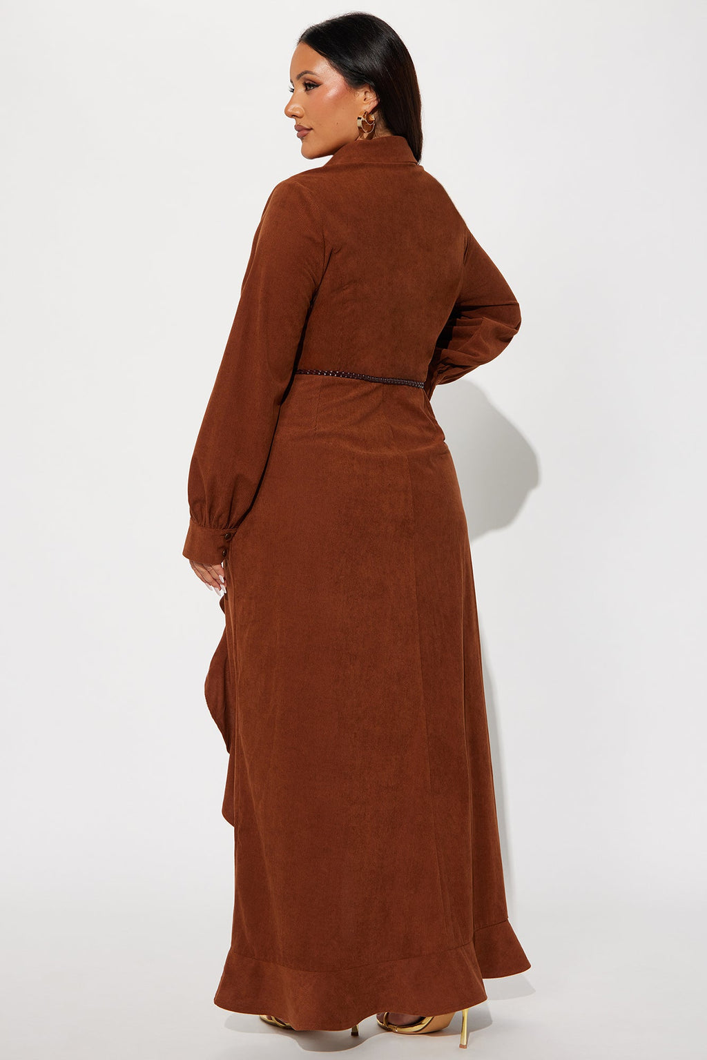 Jessie Corduroy Belted High Low Maxi Dress - Brown