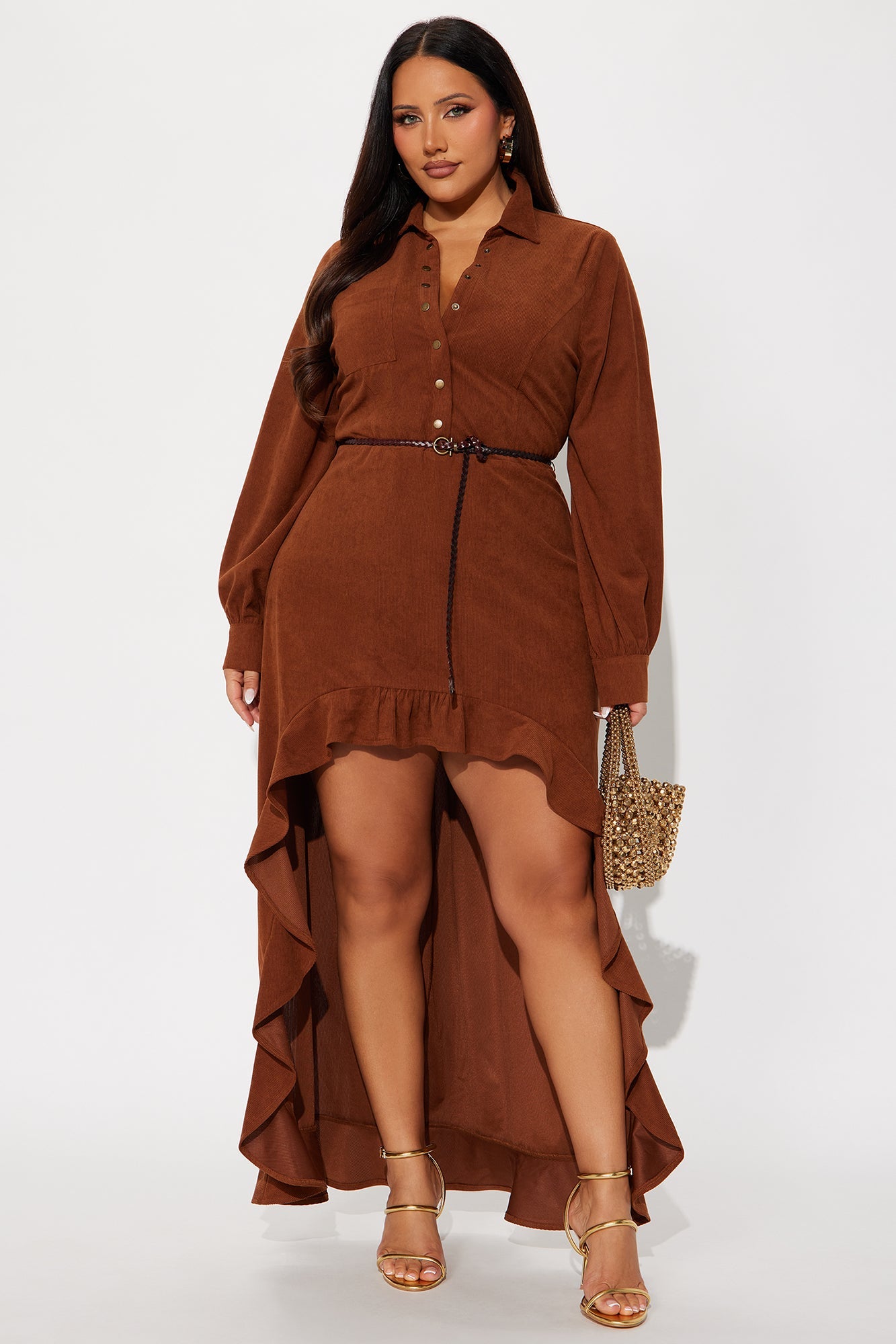 Jessie Corduroy Belted High Low Maxi Dress - Brown