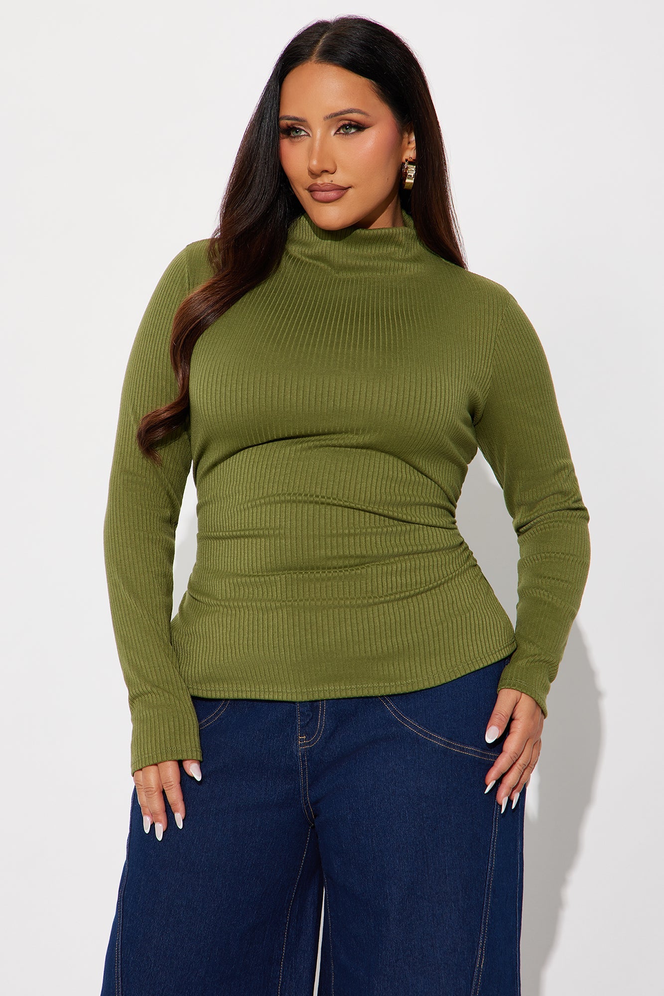 Deziree Ribbed Long Sleeve Mock Neck Top - Olive