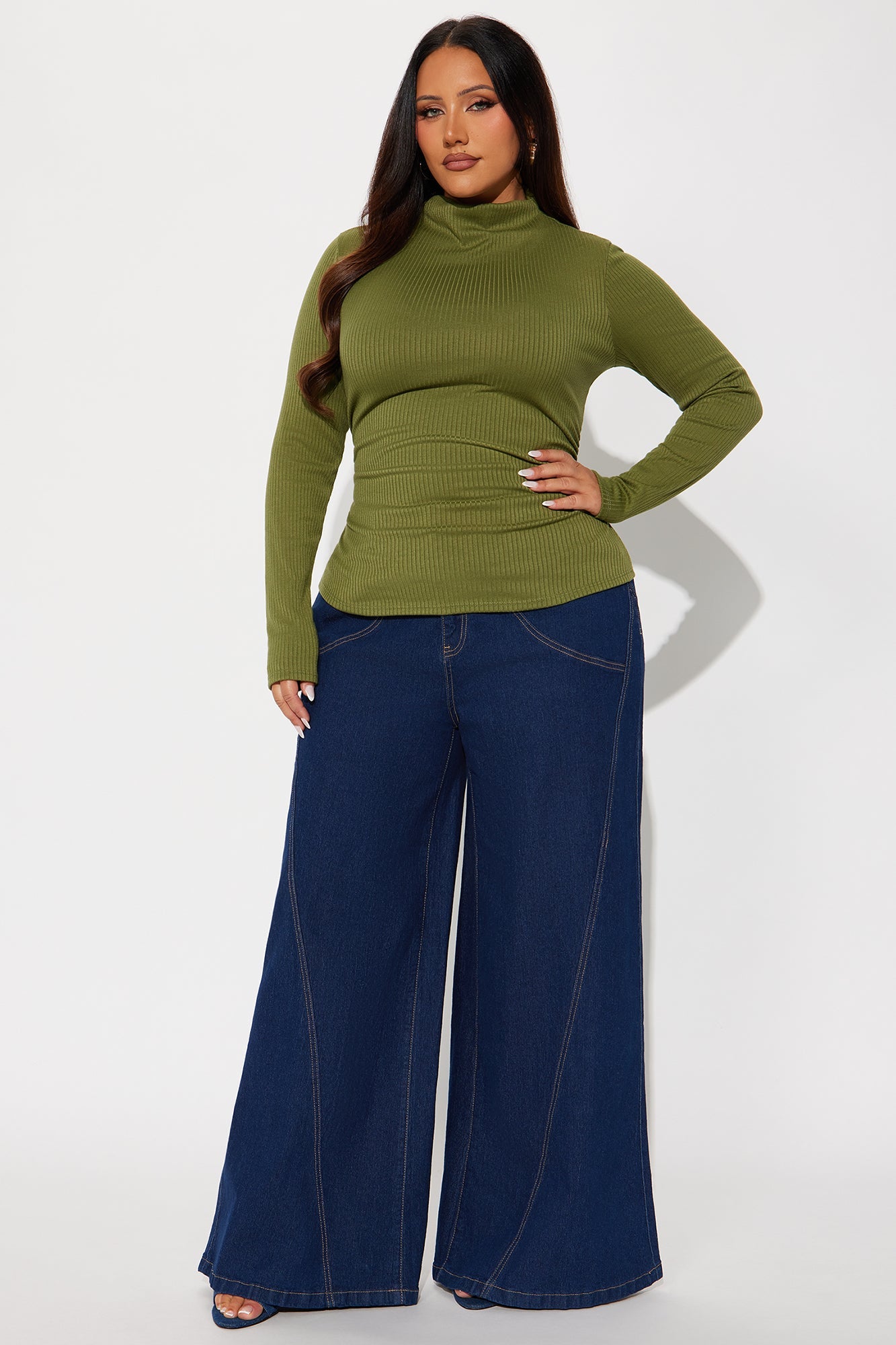 Deziree Ribbed Long Sleeve Mock Neck Top - Olive