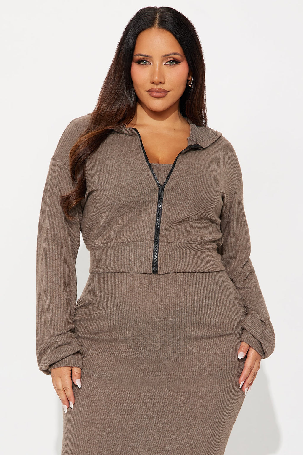Azusa 2 Piece Zip Up Maxi Dress Set - Mocha