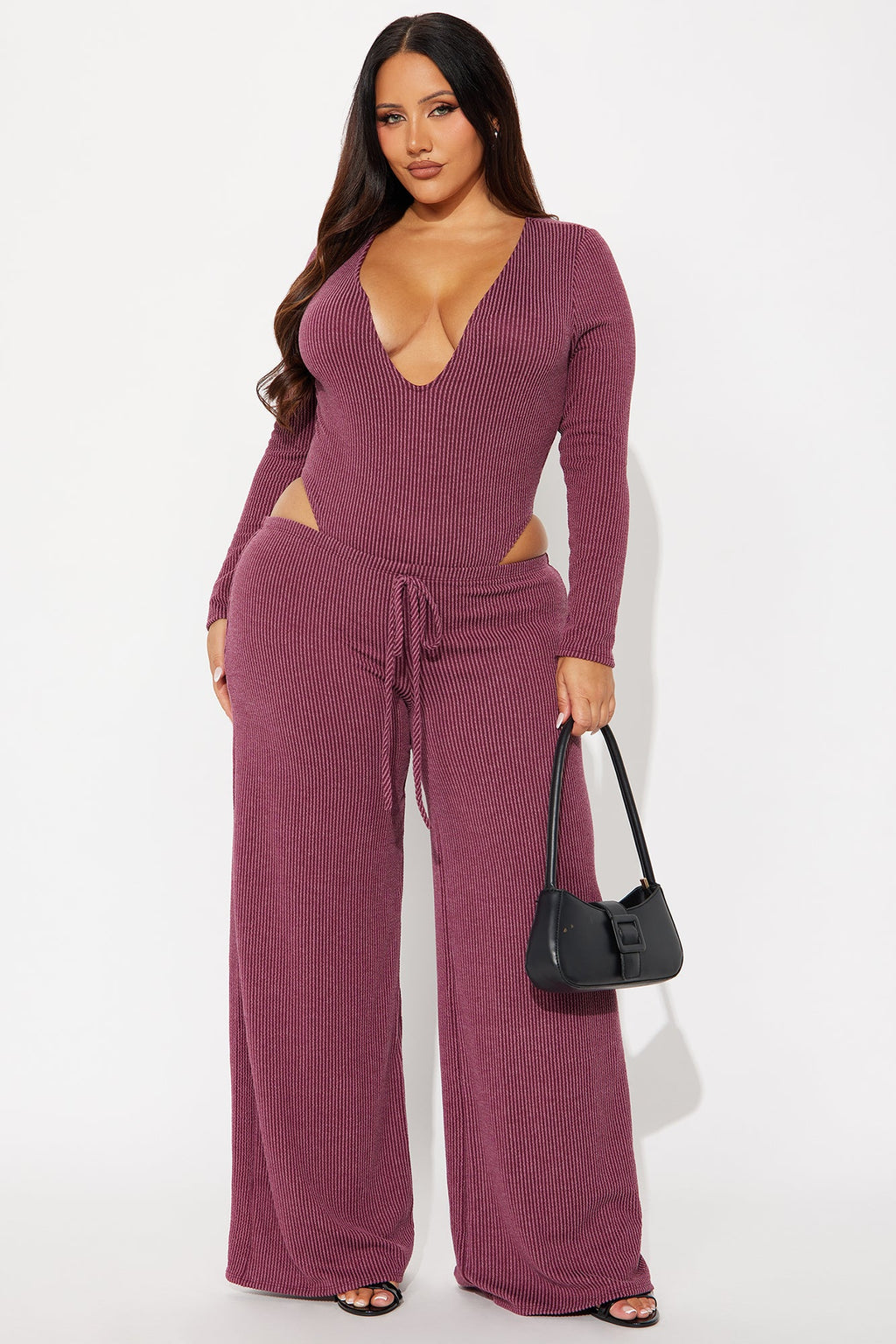 Paulette Long Sleeve Ribbed Bodysuit Pant Set - Burgundy