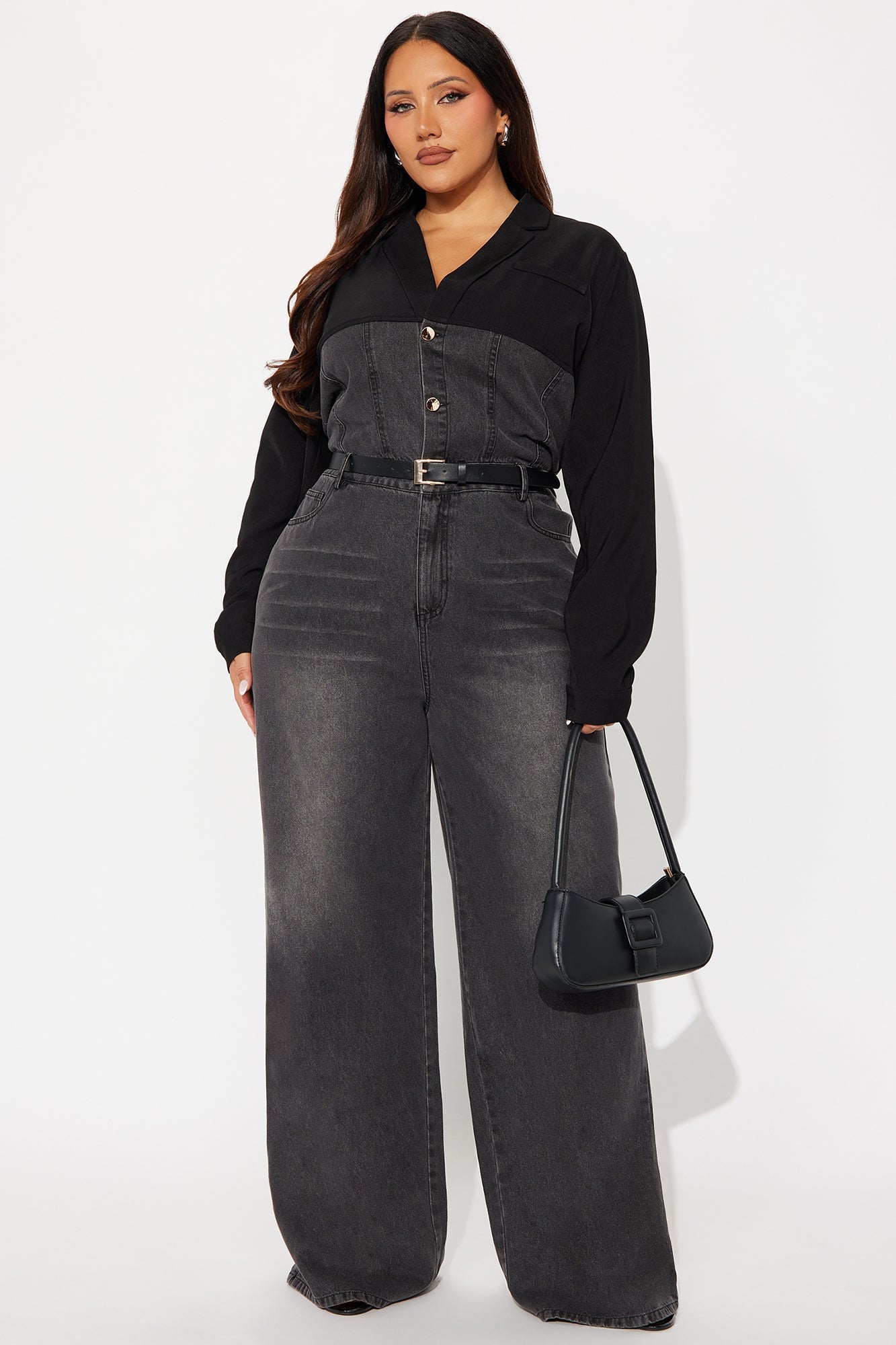 Double Identity Long Sleeve Denim Jumpsuit - Black Wash