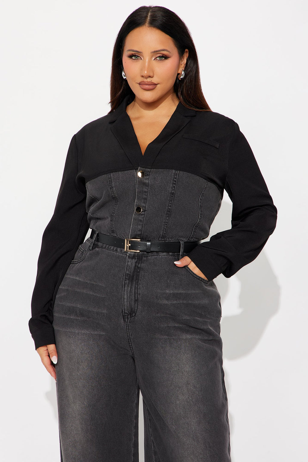 Double Identity Long Sleeve Denim Jumpsuit - Black Wash
