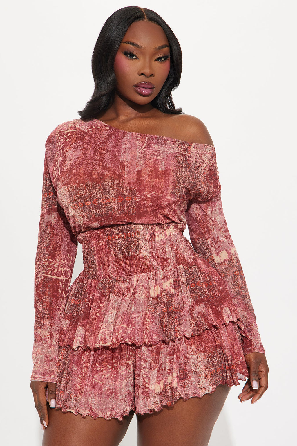 Free Spirit Long Sleeve Mesh Romper - Rust/combo