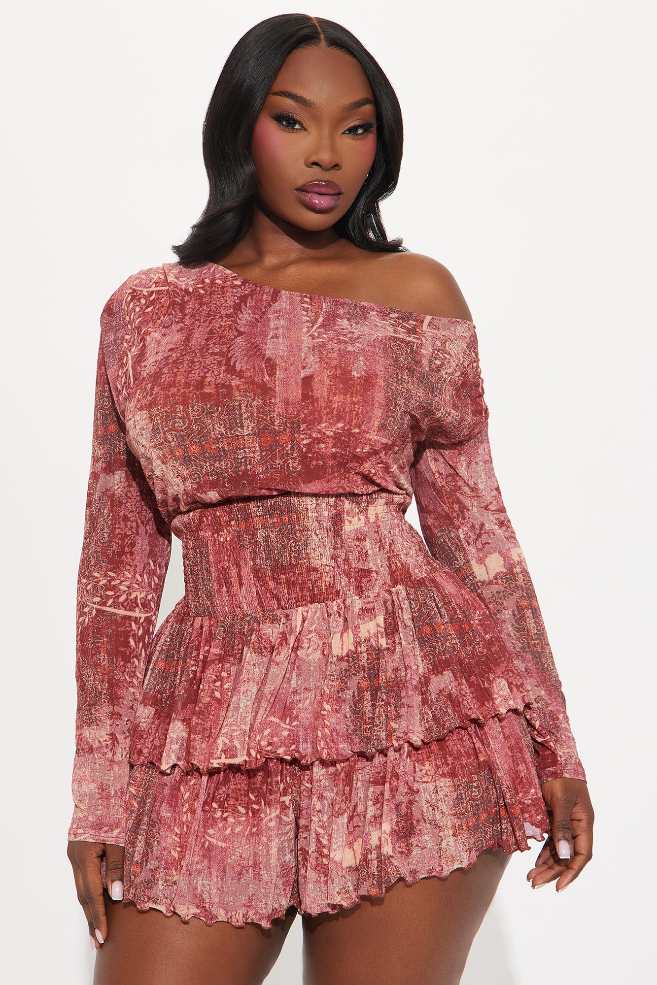 Free Spirit Long Sleeve Mesh Romper - Rust/combo